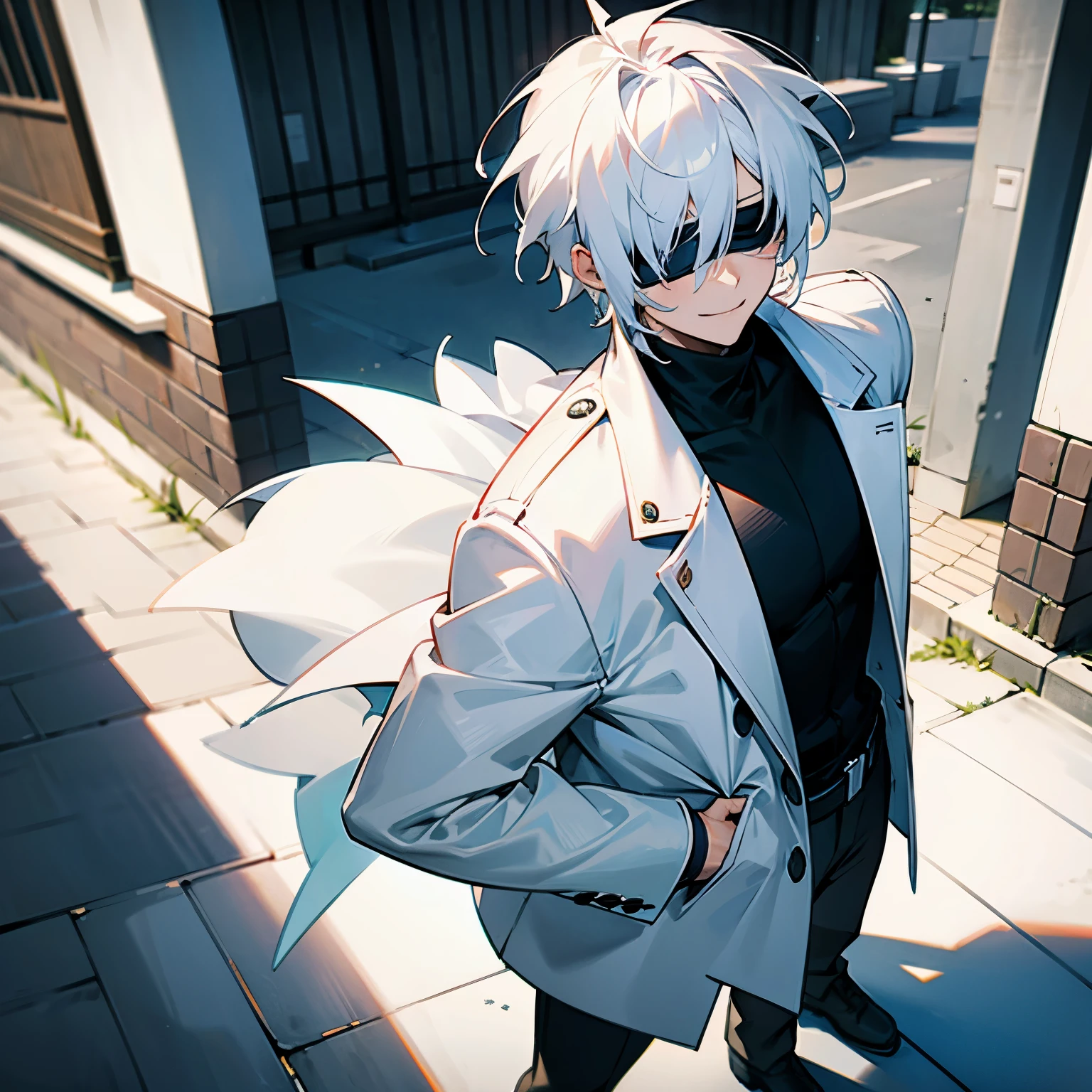 White Turtleneck , Messy Spiky White Hair , Blue Eyes , White Blindfold , Standing on sidewalk , Confident Smirk ,