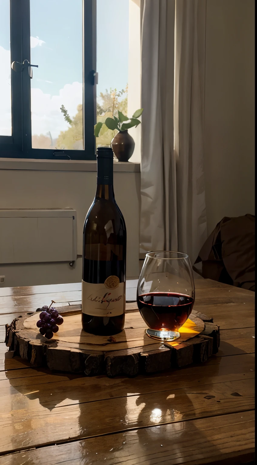 studio, Photography concept for black table, smokes, Old logs, Several bunches of grapes, Grape leaves, centered around a glass of wine,There were a few bottles of wine next to it, Light comes in from the left, Bright environment, Decorations to celebrate new year