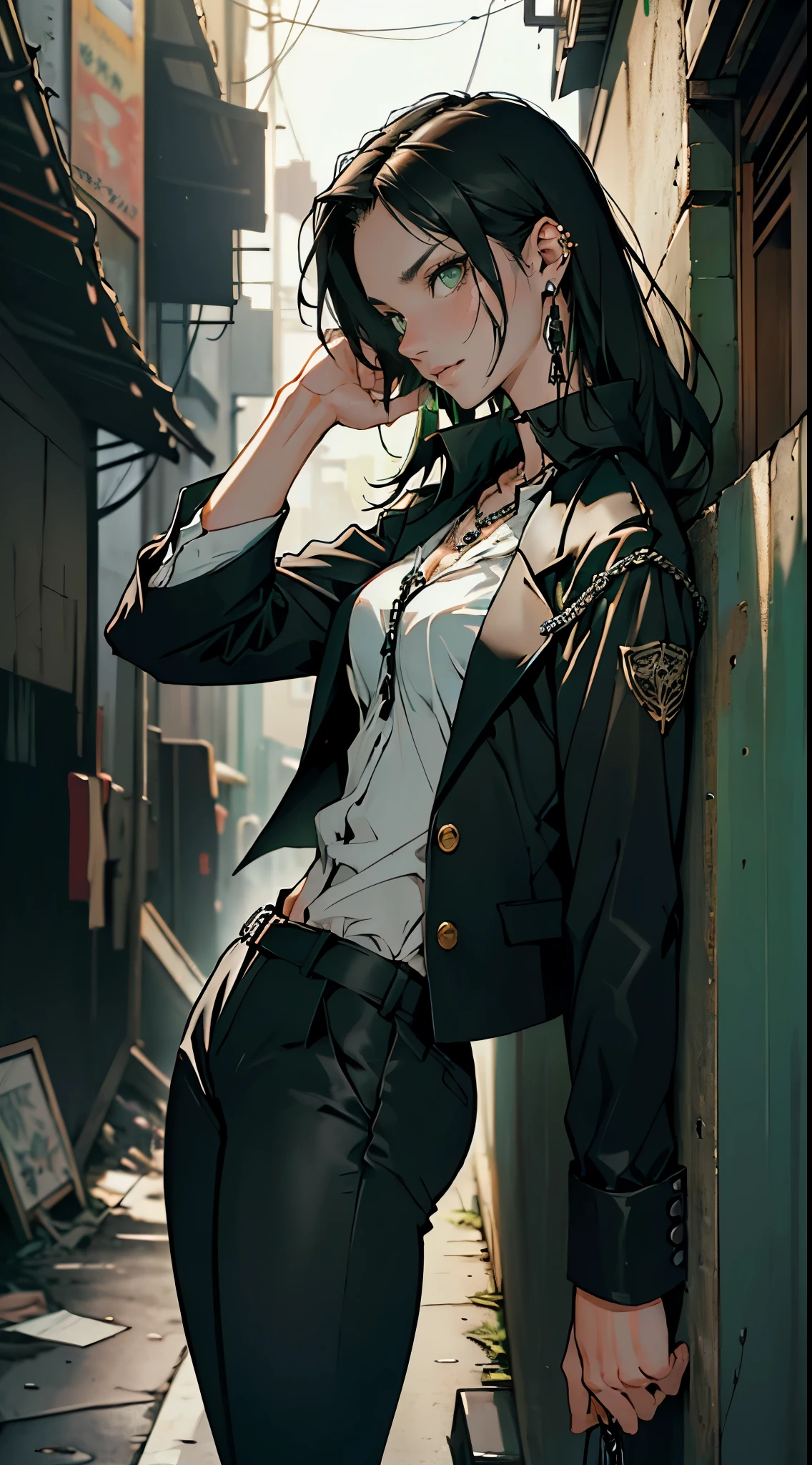 (masterpiece, best quality, highres, ultra-detailed), 1woman, long wave black hair, green eyes, handsome, detailed eyes and face, perfect body, earrings, ear piercing,  unbuttoned black blazer, white shirt, trousers, bare collarbones, chain necklace, city slums background, by amano akira