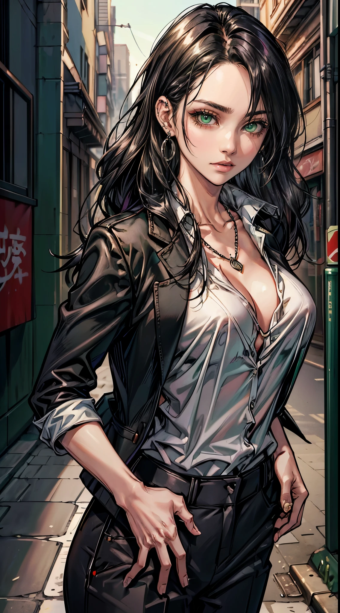 (masterpiece, best quality, highres, ultra-detailed), 1woman, long wave black hair, green eyes, handsome, detailed eyes and face, perfect body, earrings, ear piercing,  unbuttoned black blazer, white shirt, trousers, bare collarbones, chain necklace, city slums background, by amano akira