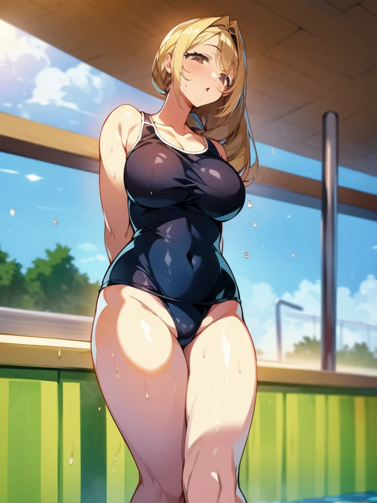 ((masuter piece　Top image quality　top-quality)) ((30 years old beautiful))　((breastsout))  ((School swim wear:1.5)) ((Wheat-toned skin))　from below looking up.　 Sunny poolside