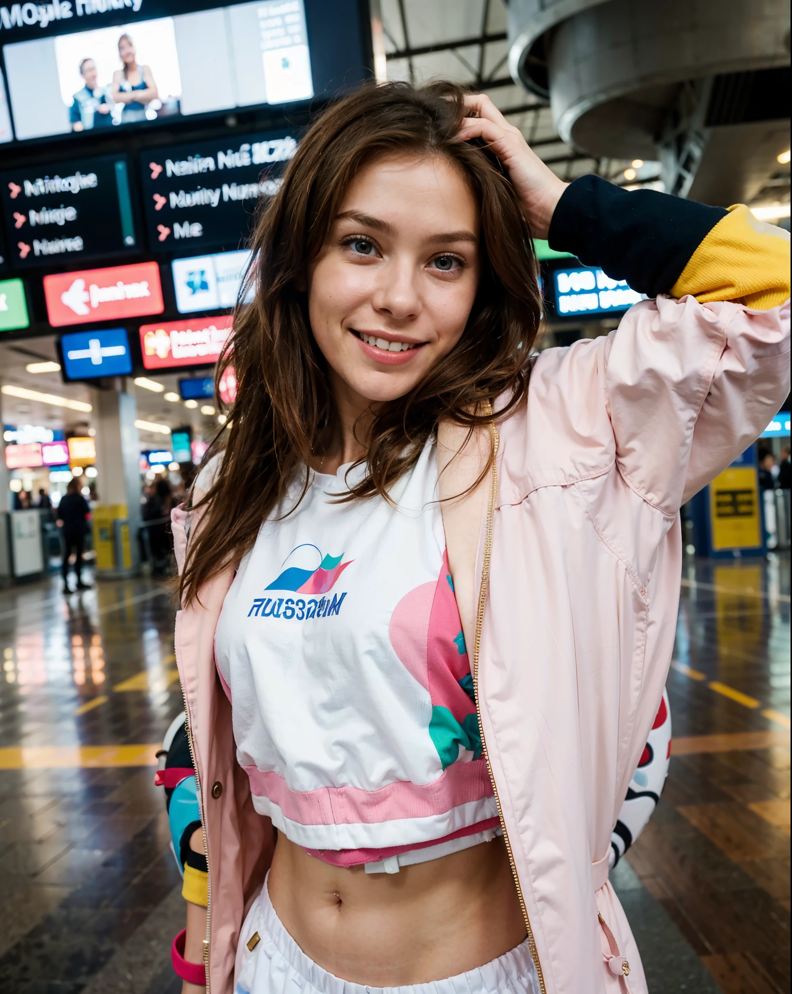 photograph, portrait of an cute russian girl with brown hair and blue eyes, (smiling:1.1), fit body, sneakers, pink coat, cinematic, 4k, detailed, (blurry airport background:1.2)