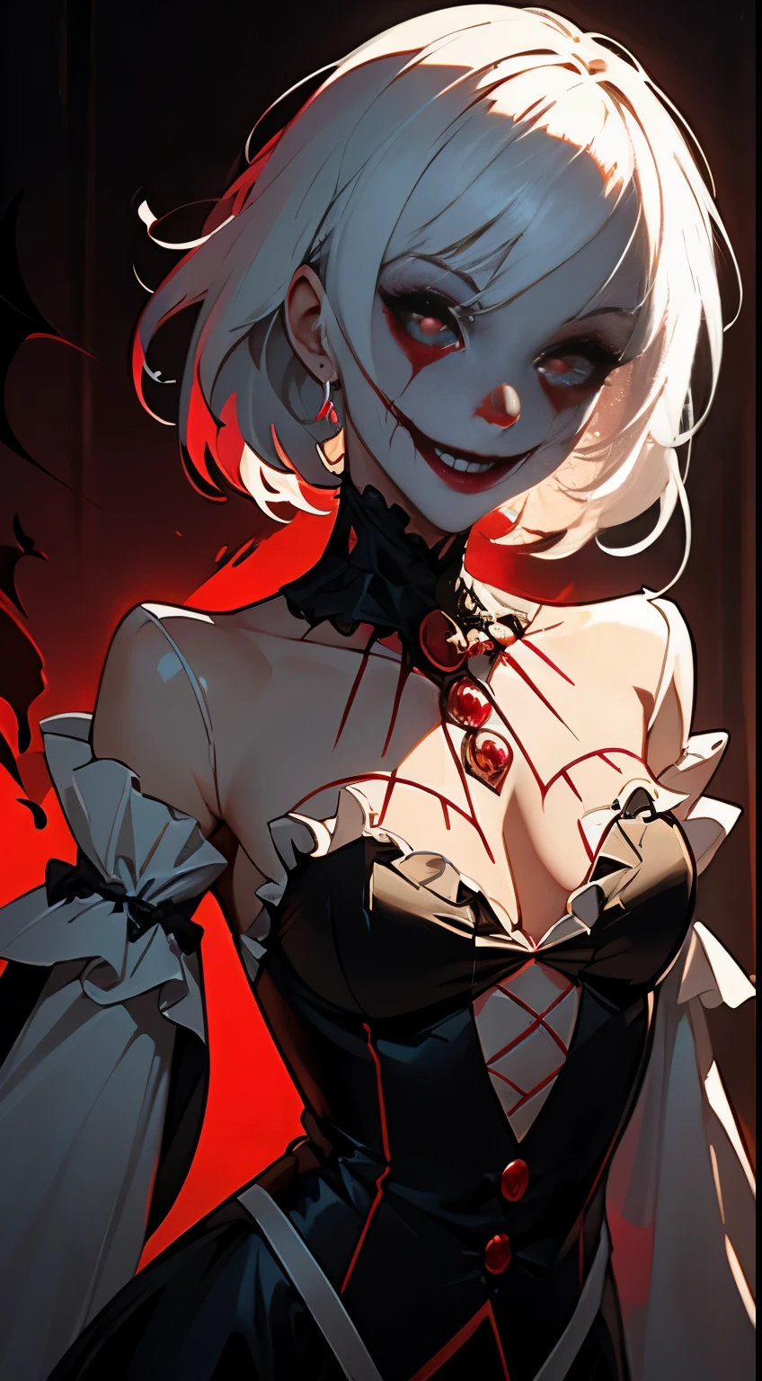 (1Woman), white hair, white symmetrical face, blood red clown make up, scary smile, perfect anatomy, chiaroscuro, ((masterpiece)) Halloween, (highly detailed) meticulously detailed down to the pixels)) ultra sharp) HD, absurd res