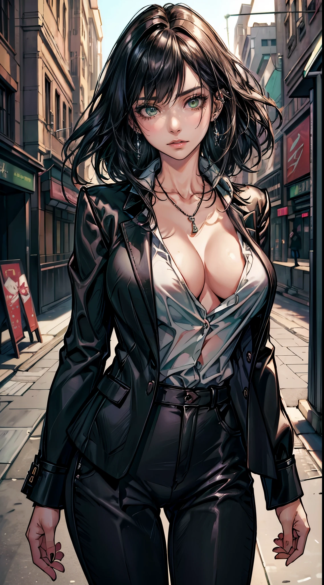 (masterpiece, best quality, highres, ultra-detailed), 1woman, long wave black hair, green eyes, handsome, detailed eyes and face, perfect body, earrings, ear piercing,  unbuttoned black blazer, white shirt, trousers, bare collarbones, chain necklace, city slums background, by amano akira