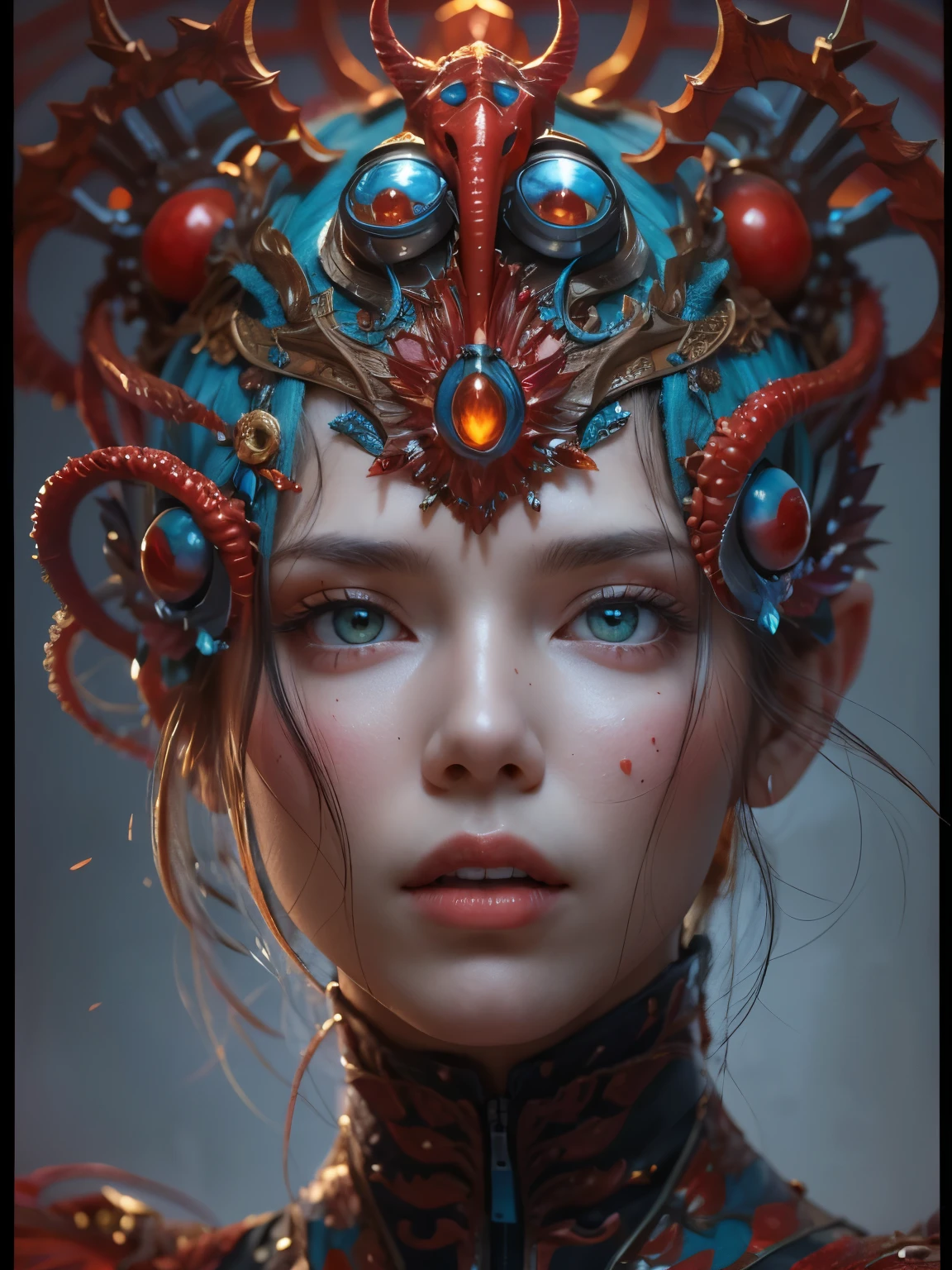Female Alien, Beautiful face, seduces, red eyes, Full body like, A sexy, alien, No humans, an alien, cells are fused, Multiple hands, Lots of blue tentacle skin:1.5), extraterrestrial, cell, bio image, 魅惑的, Best Quality, 8K,,4K_quality, high_Definition,Dramatic Lighting, masutepiece:1.5,cinematic quality, detail up, Intricate details:1.2, 超A high resolution, High Definition, drawing faithfully, (Thick eyebrows:1.2), (Big scarlet eyes:1.6), Beautiful eyes with fine symmetry, (Ultra detailed eyes:1.2),(Highly detailed face and eyes:1.2), (High-resolution red-eye:1.4), Intimate face, (ultra detailed skin texture:1.4), Perfect Anatomy, (Beautiful toned body:1.5), (Moist skin:1.2), No makeup, (dark circles:1.1),