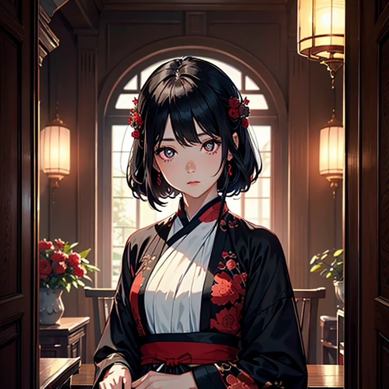 Mature girl, black hair, floating hair, delicate eyes, red pupils, heroine, black and red antique damask hanfu, FOV, f1.8, masterpiece, complex scene, gorgeous portrait shot