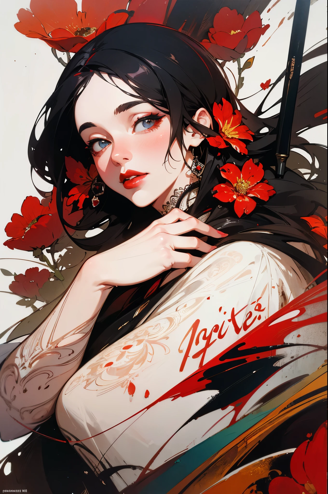 mixed media, oil painting, pen and ink, alcohol ink, white background, perfect double exposure technique, hyperdetailed, intricate, elegant lady, red lips, flowers, Callygraphy, lettering, script, thick Brushstrokes, palette-knife, smudge, splashes and splatters