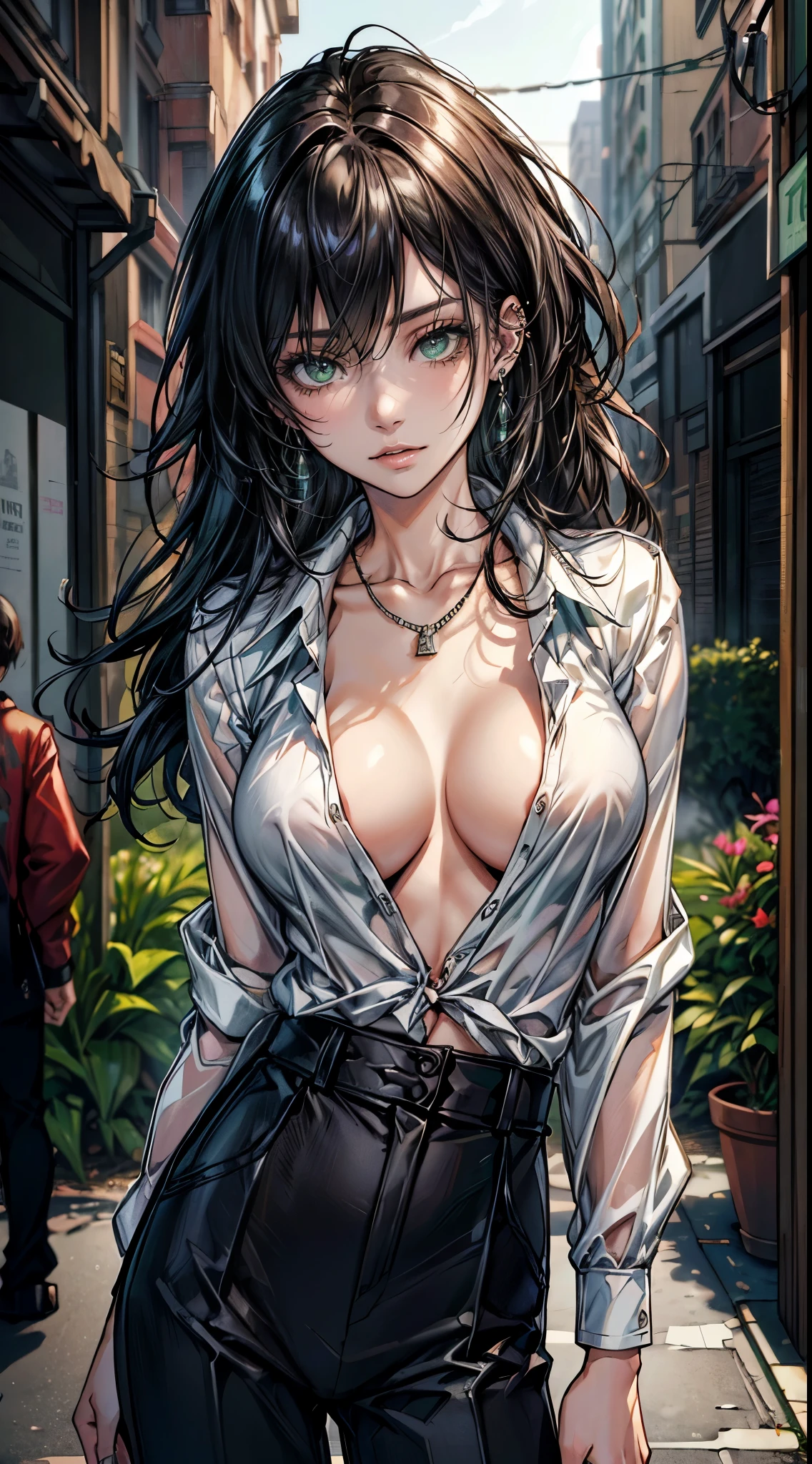 (masterpiece, best quality, highres, ultra-detailed), 1woman, long wave black hair, green eyes, handsome, detailed eyes and face, perfect body, earrings, ear piercing,  unbuttoned black blazer, white shirt, trousers, bare collarbones, chain necklace, city slums background, by amano akira