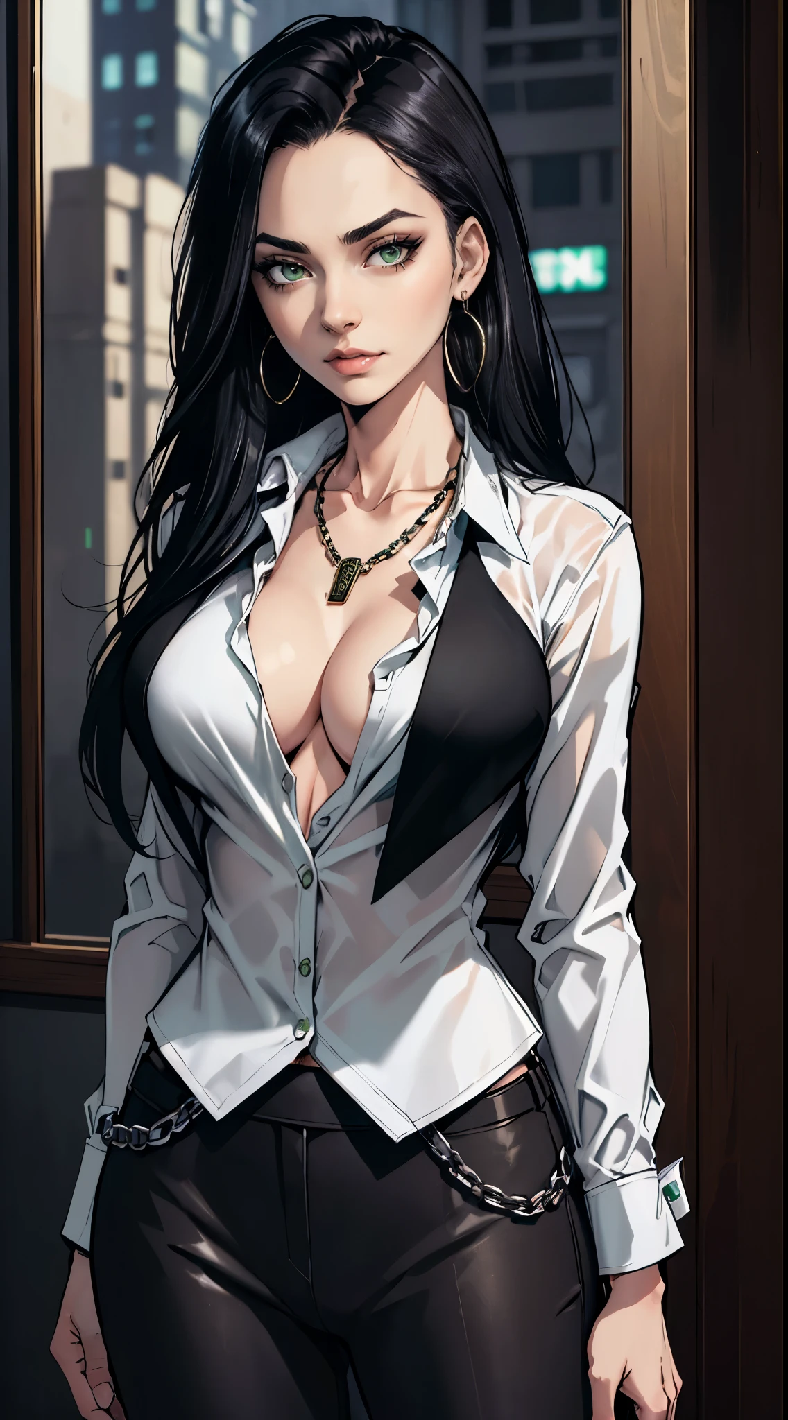 (masterpiece, best quality, highres, ultra-detailed), 1woman, long wave black hair, green eyes, handsome, detailed eyes and face, perfect body, earrings, ear piercing,  unbuttoned black blazer, white shirt, trousers, bare collarbones, chain necklace, city slums background, by amano akira