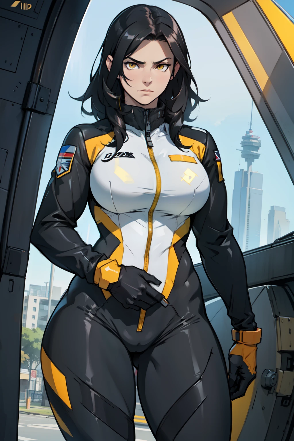 large breasts thin waist wide hips thick thighs muscular toned body curvy muscles thick pale skin black hair yellow eyes expressionless sad pilot suit pilot suit pilot suit pilot suit pilot suit pilot suit