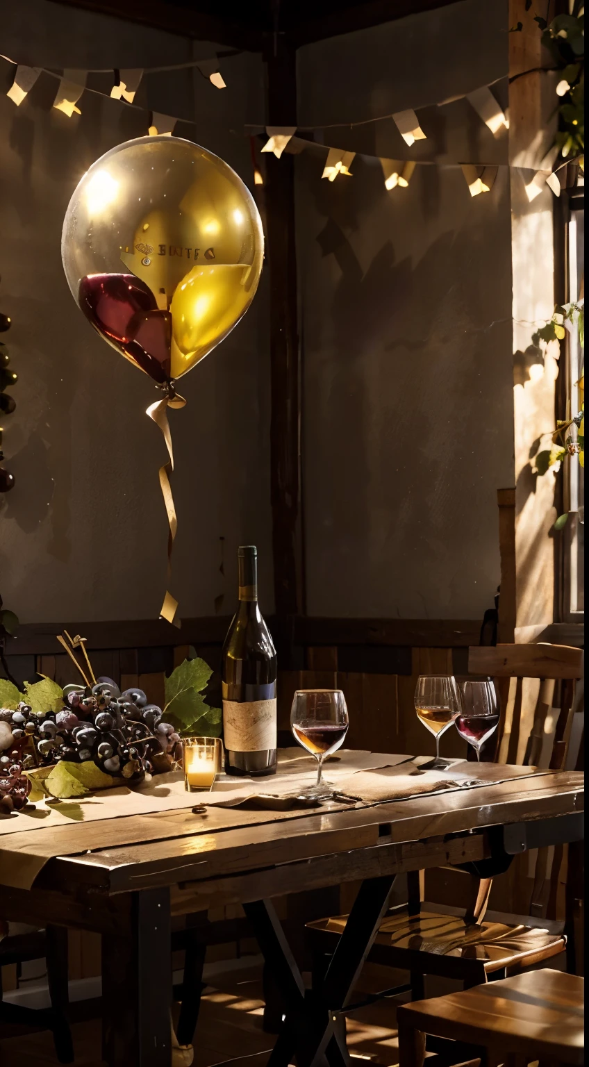 studio, Photography concept for black table, streamers, Old logs, Several bunches of grapes, Grape leaves, centered around a glass of wine, There were a few bottles of wine next to it, Light comes in from the left, Bright surroundings, Decorations to celebrate new year, Golden balloons, silver balloon