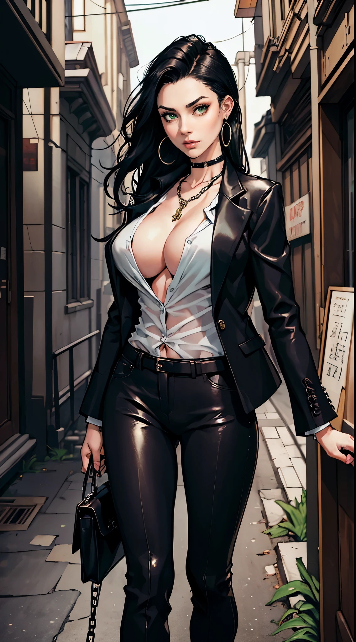 (masterpiece, best quality, highres, ultra-detailed), 1woman, long wave black hair, green eyes, handsome, detailed eyes and face, perfect body, earrings, ear piercing, unbuttoned black blazer, white shirt, trousers, bare collarbones, chain necklace, city slums background, by amano akira