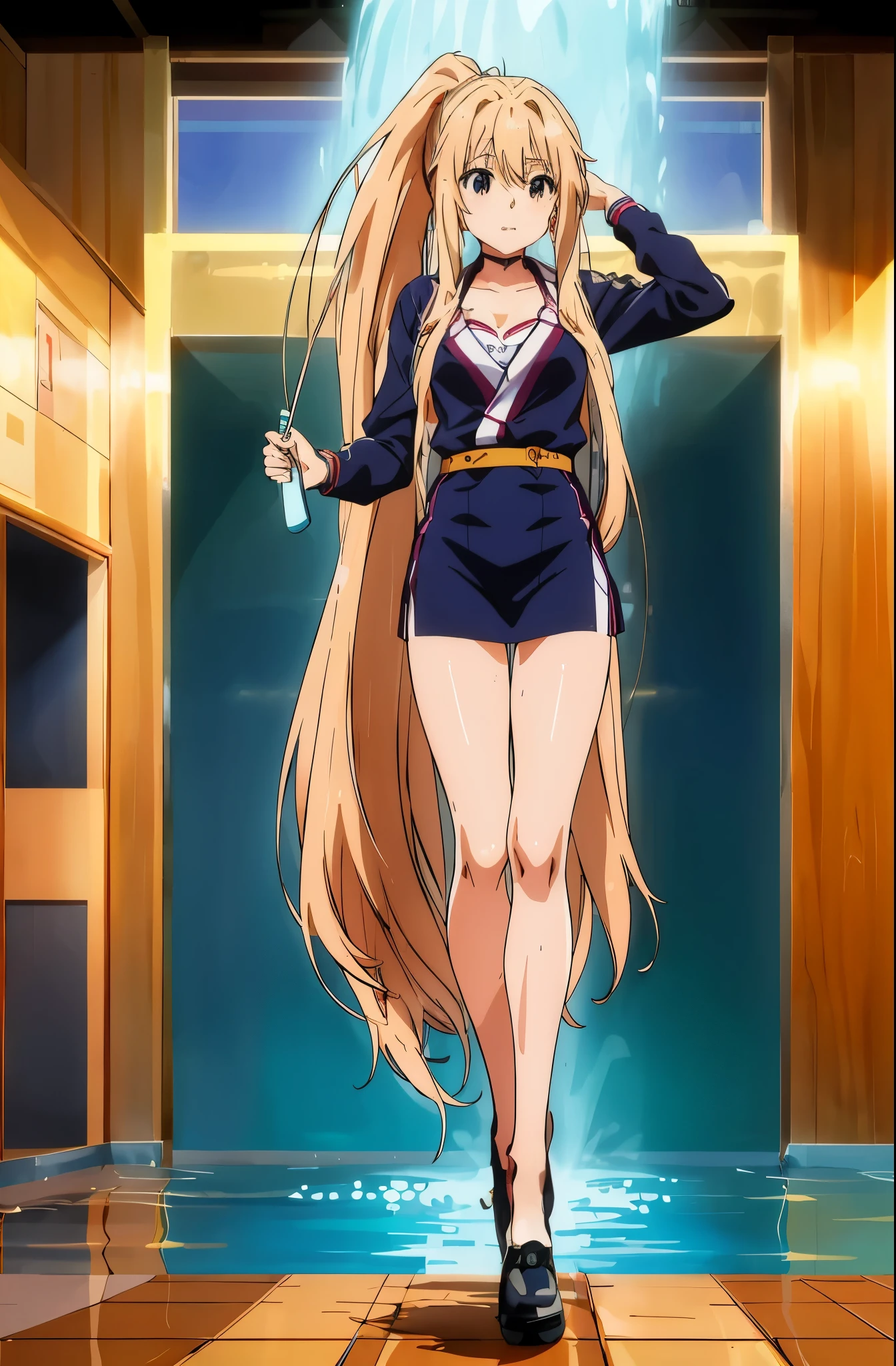 Cool girl,在swimmning池,swimmning,wash her long hair,A very, very long ponytail,Extra-long hair,Flip the hair, 2d ,Japanese anime, female high-school student,Best quality at best, fully body photo。Clothed only in bikini,The large,double-ponytail,female high-school student,Face it positively,超級The large
