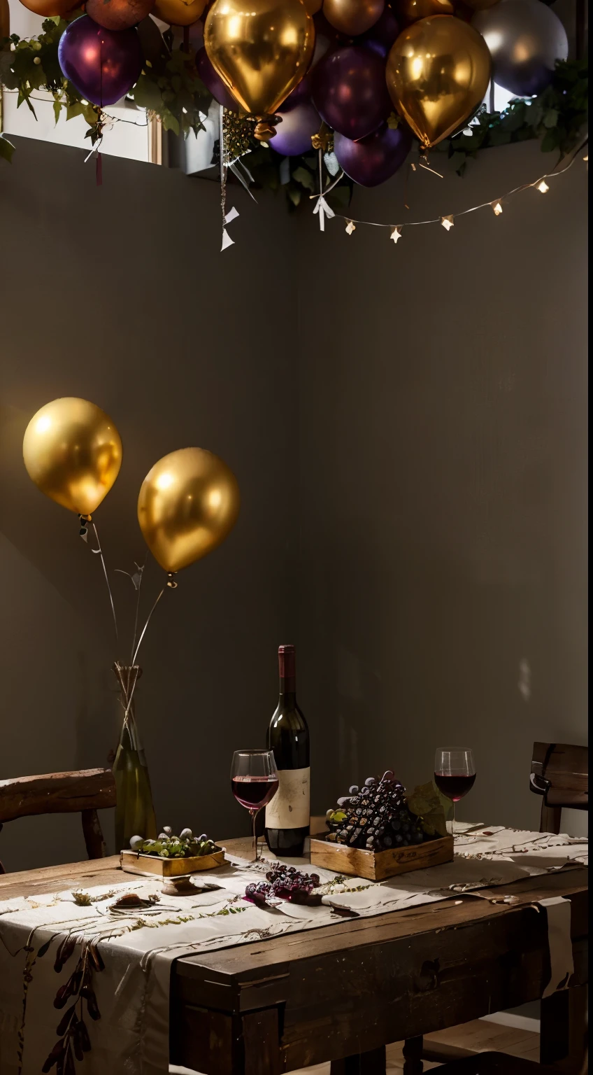 studio, Photography concept for black table, streamers, Old logs, Several bunches of grapes, Grape leaves, centered around a glass of wine, There were a few bottles of wine next to it, Light comes in from the left, Bright surroundings, Decorations to celebrate new year, Golden balloons, silver balloon