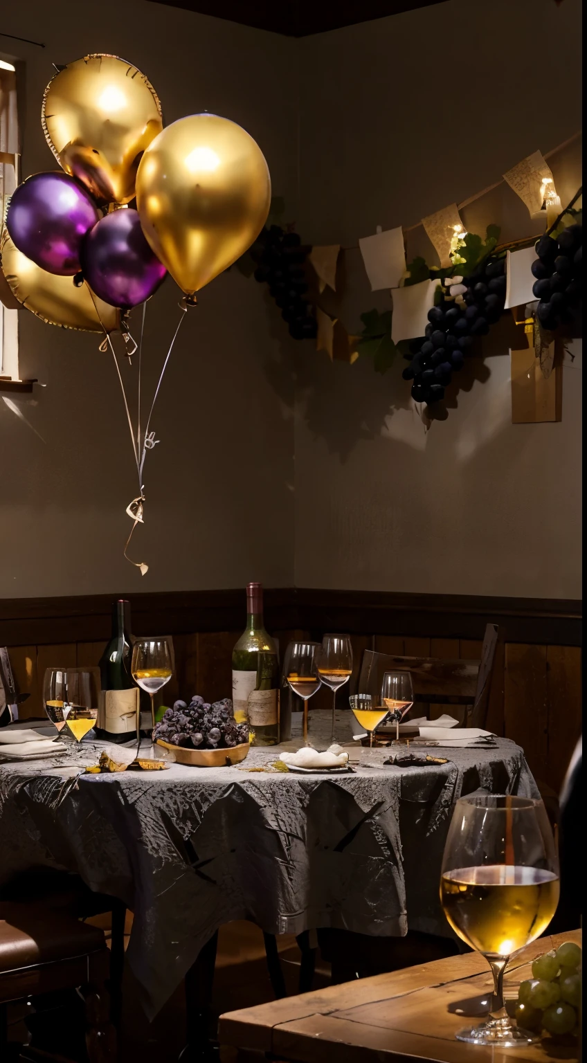 studio, Photography concept for black table, streamers, Old logs, Several bunches of grapes, Grape leaves, centered around a glass of wine, There were a few bottles of wine next to it, Light comes in from the left, Bright surroundings, Decorations to celebrate new year, Golden balloons, silver balloon