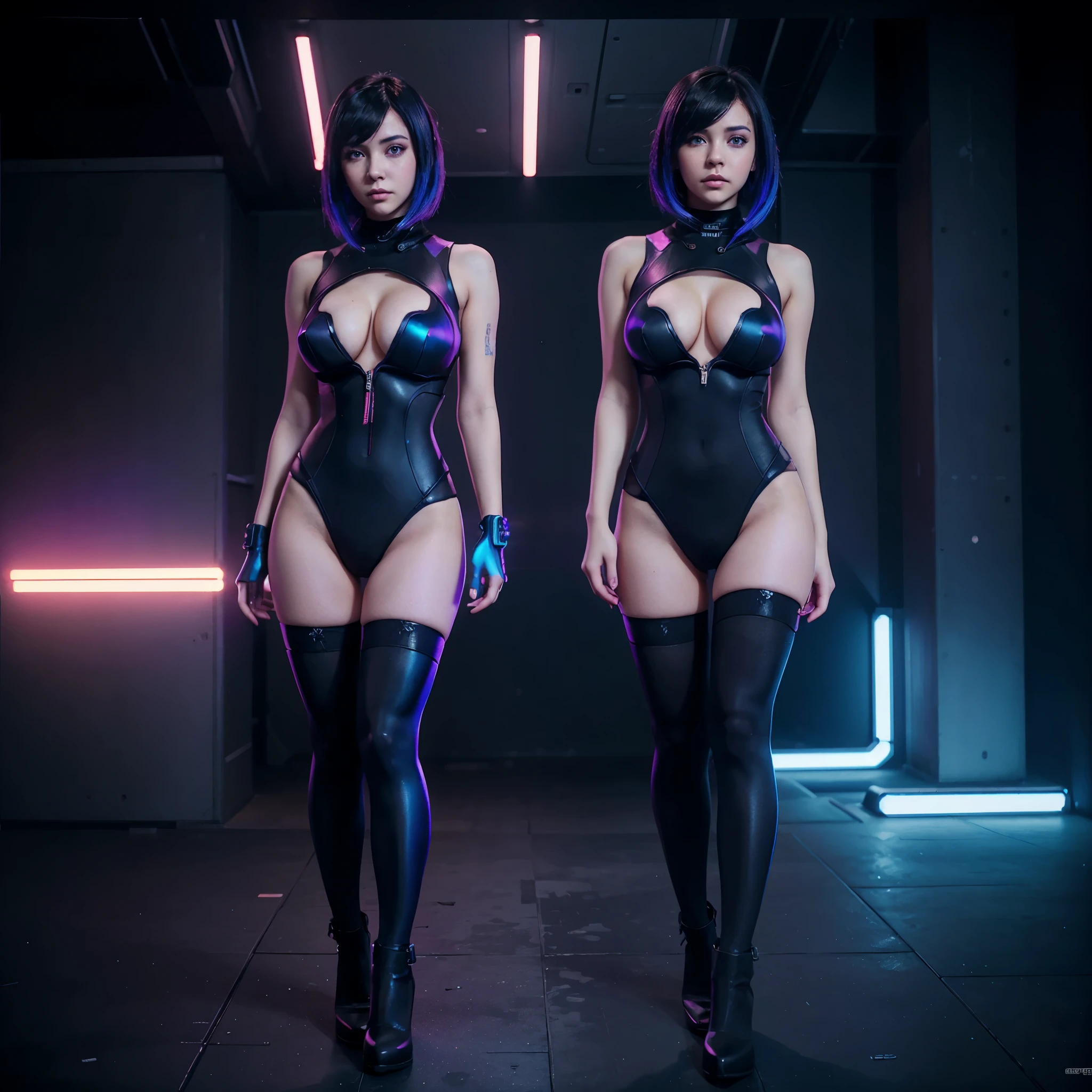 1girl, cyberpunk, (full body:1.1), thighhighs, cleavage, perfect eyes, perfect face, kuvshinov, (gradient background:1.2),