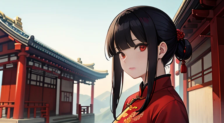 A woman, wearing chinese dress, straight black hair, straight front bangs and ear level side burns, red eyes, shrine, standing