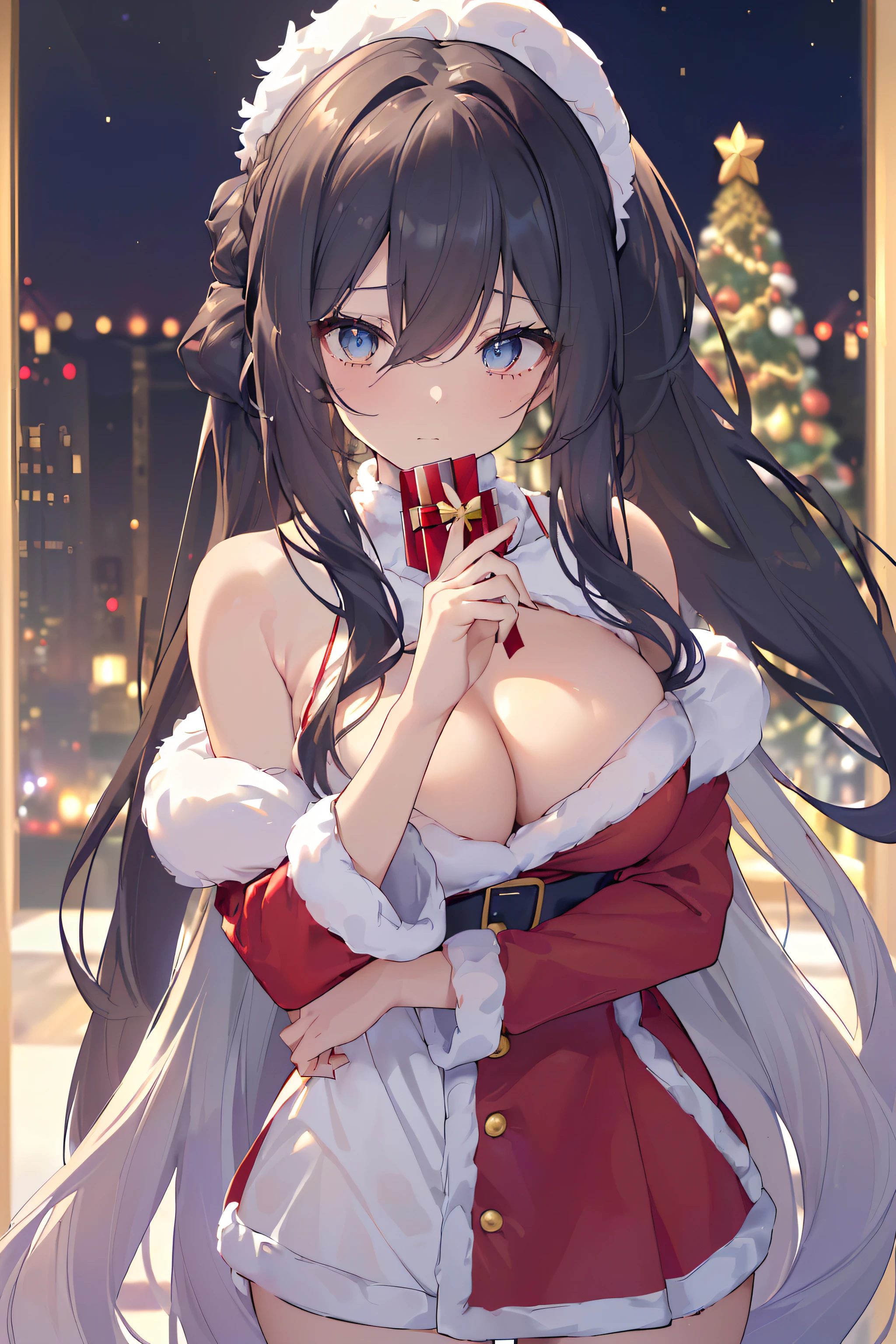 {((Anime, sur l’art, profondeur de champ, Flou de mouvement, Lumière rougeoyante, Chef-dœudansre, anatomiquement correct, peau texturée, high détails, Primé, meilleur qualité, Haute résolution, 16k))} . |
{((queue de cheval ondulée, cheveux sur épaule, cheveux très longs, cheveux très épais, Yeux détaillés, les yeux brillants, l'âge des étudiants est celui des filles, G-sein, clivage, Nerveux))} . |
{((corps sexy, tenue sexy de Mme Santa, Nerveux, embarassé))} . |
{((24 décembre, Fête de Noël, Cadeau en main, thème de Noël du salon, Nuit, sapin de Noël et lumière))} . |
{((Grand angle, Haut du corps, (Parfait_doigts:1.0), (Parfait_jambes:1.0), mieux_mains, plus_détail))}