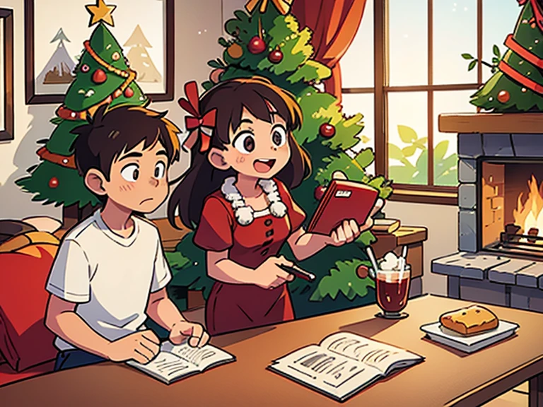 Brother and sister celebrate Christmas in a beautifully decorated room with a fireplace and a decorated Christmas tree.