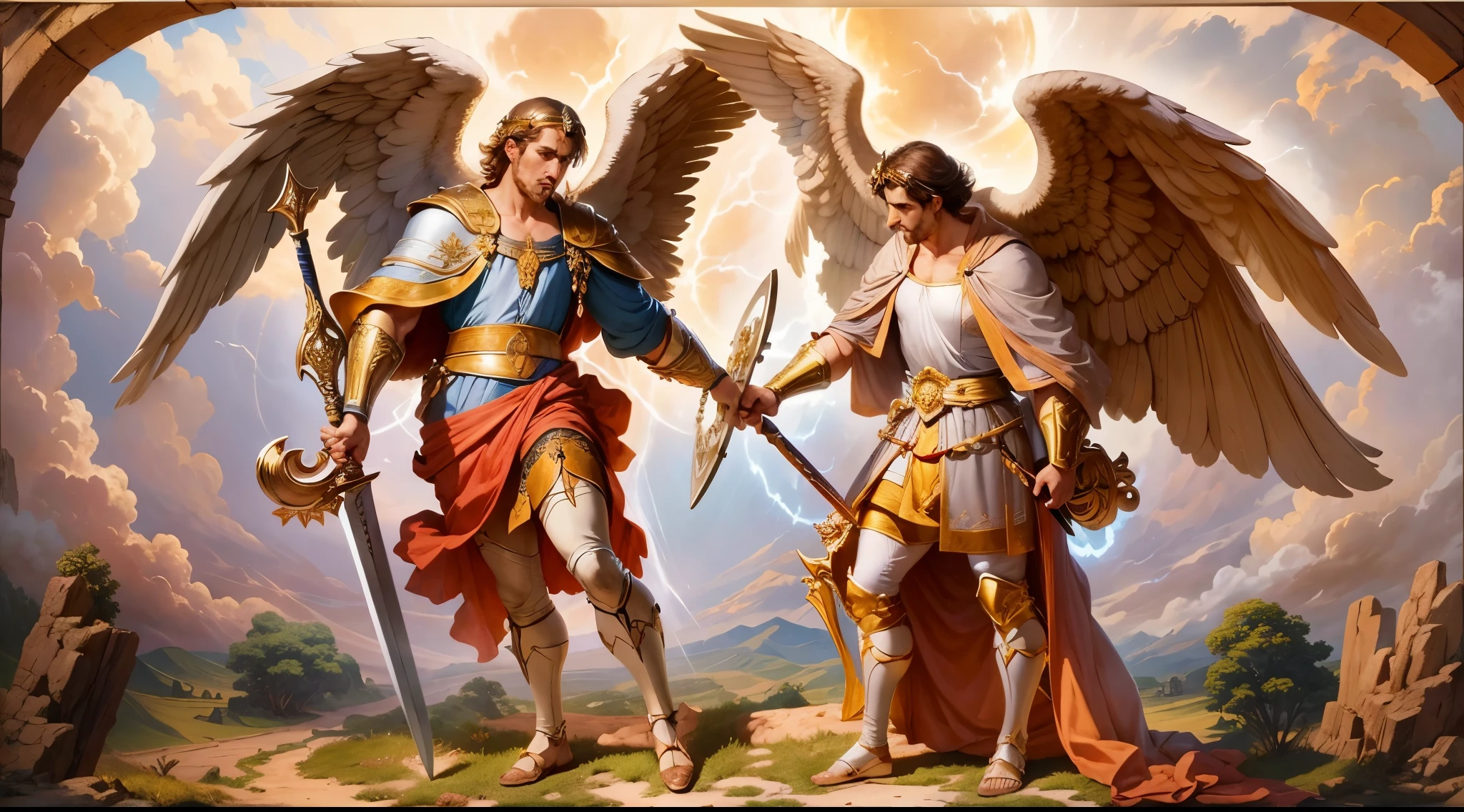 there are two angels fighting across a stormy ocean with lightning, batalha between o bem e o mal, anjo versus diabo, batalha between angels and demons, angels vs demons, pintura digital do mito grego, diabo versus anjo, jesus christ fighting lucifer, eros e tanatos, batalha, o bem contra o mal, o bem contra o mal, heaven vs hell, Deuses gregos, o bem e o mal