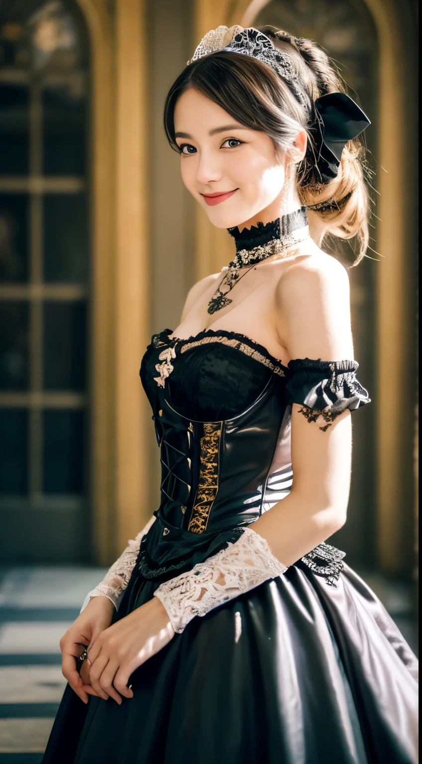 woman wearing dress and boots , baroque dress, in detailed steampunk dress, an elegant gothic princess, victorian gothic lolita fashion, 歴史的なbaroque dressダーク, black gothic lolita dress, fantasy style clothing, rococo dress, black rococo, classical witch, fantasy outfit, wearing a gothic dress, romantic dress, gothic dress,a blond,25-years old,(((Upper body portrait)))A smile,