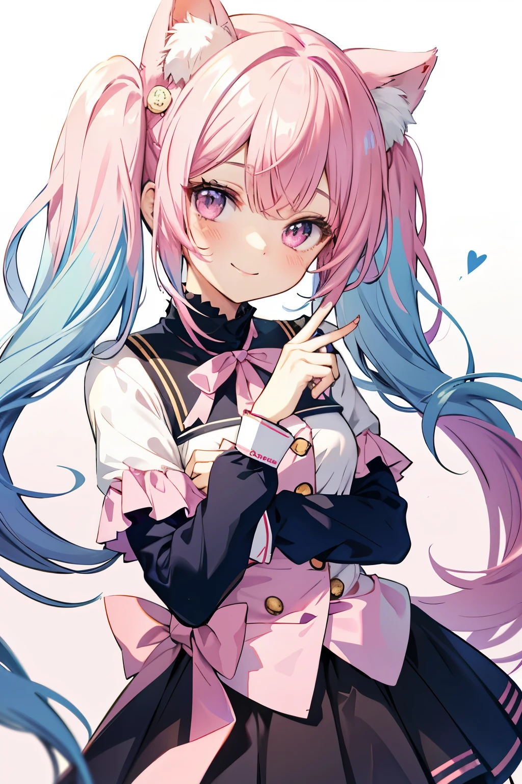 Smile Uniform Pink ribbon Pink hair Twintails Cat ears Blue hair ornament