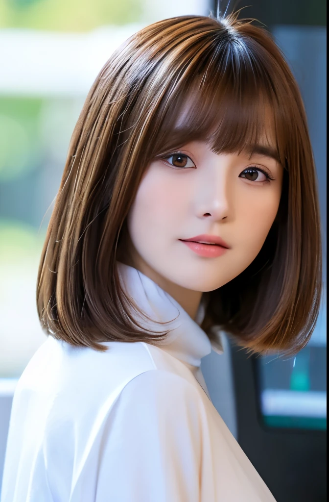 pure white doll(30-years old　Wearing a long-sleeved shirt　Brown hair　Short straight hair　Bangs Patsun　elongated face)　deep kiss on computer
