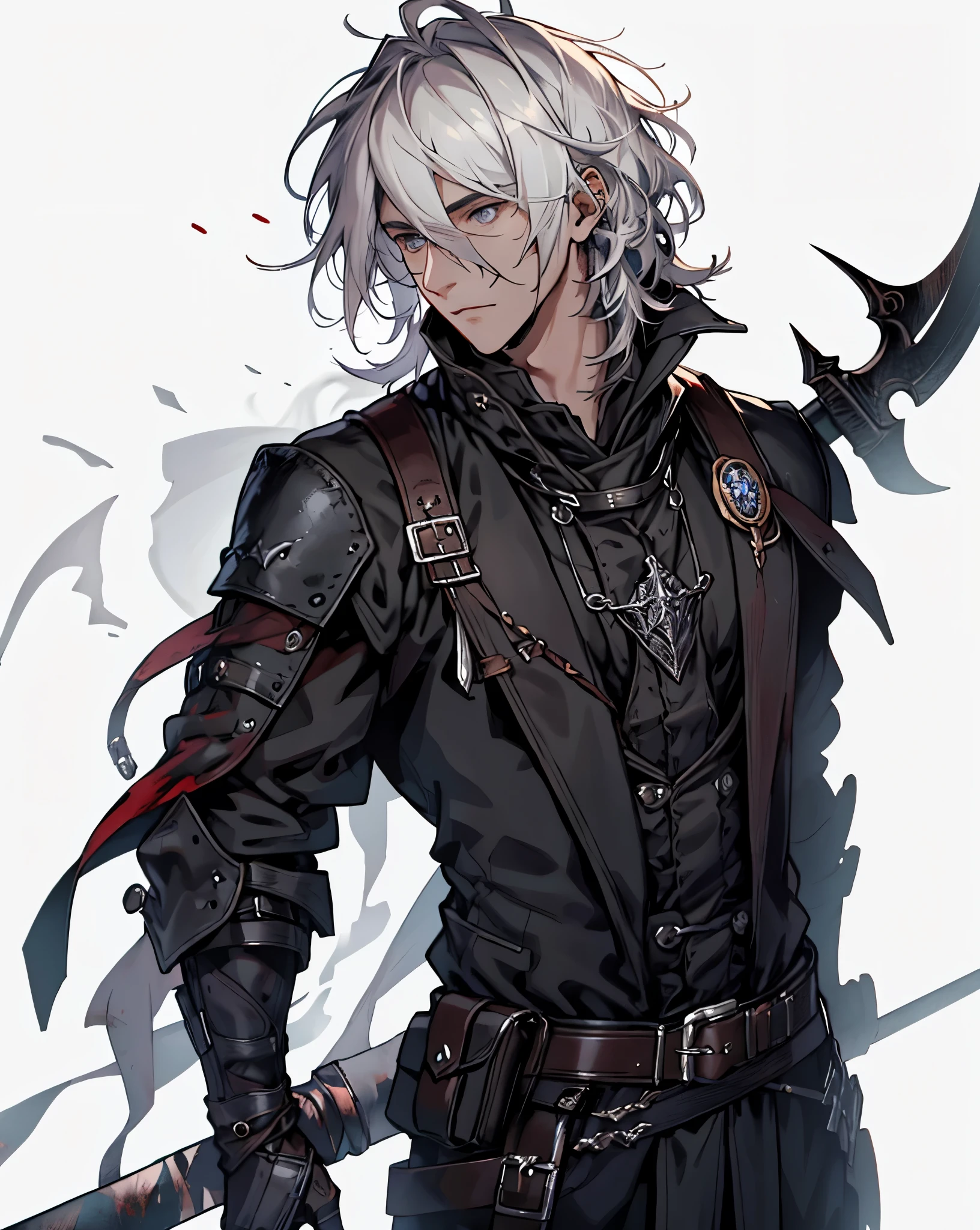 hyper-detailing,A high resolution,hyper-detailing,Best quality,astounding,quality,extremely detaild的 CG unified 8k wallpapers,transparent background,Single role,Draw a male character,Carrying a black sickle,silber hair,He wears a white mask on his face,dressed in黑色斗篷,dressed in《Bloodborne curse》hunter suit in