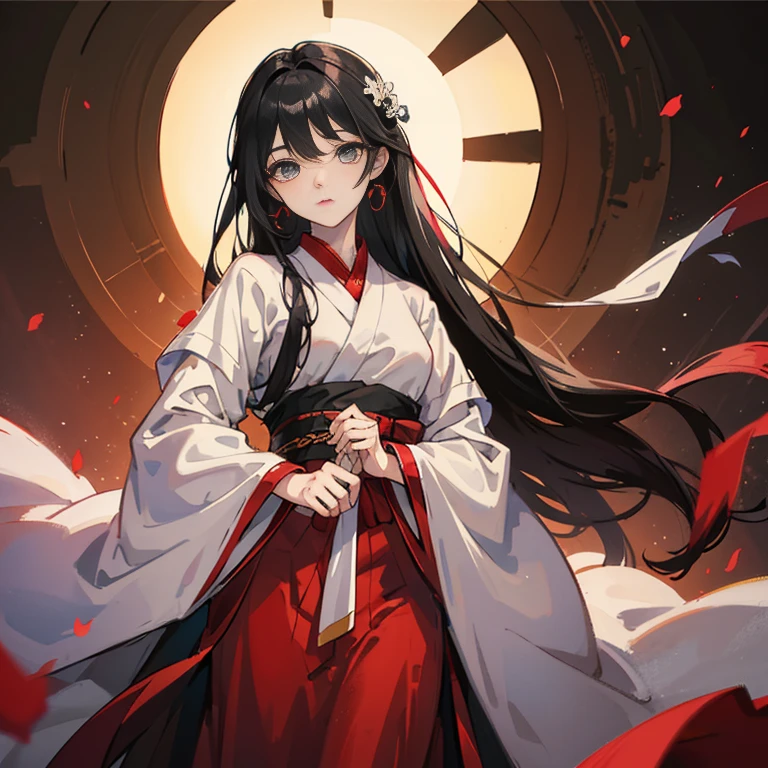 Masterpiece, best quality, brilliant sunset, sky, Tyndall effect, light, oil painting style, colorful, ethereal, dark eyes, long black hair, pure, beautiful cute, white hanfu, red sleeves,
