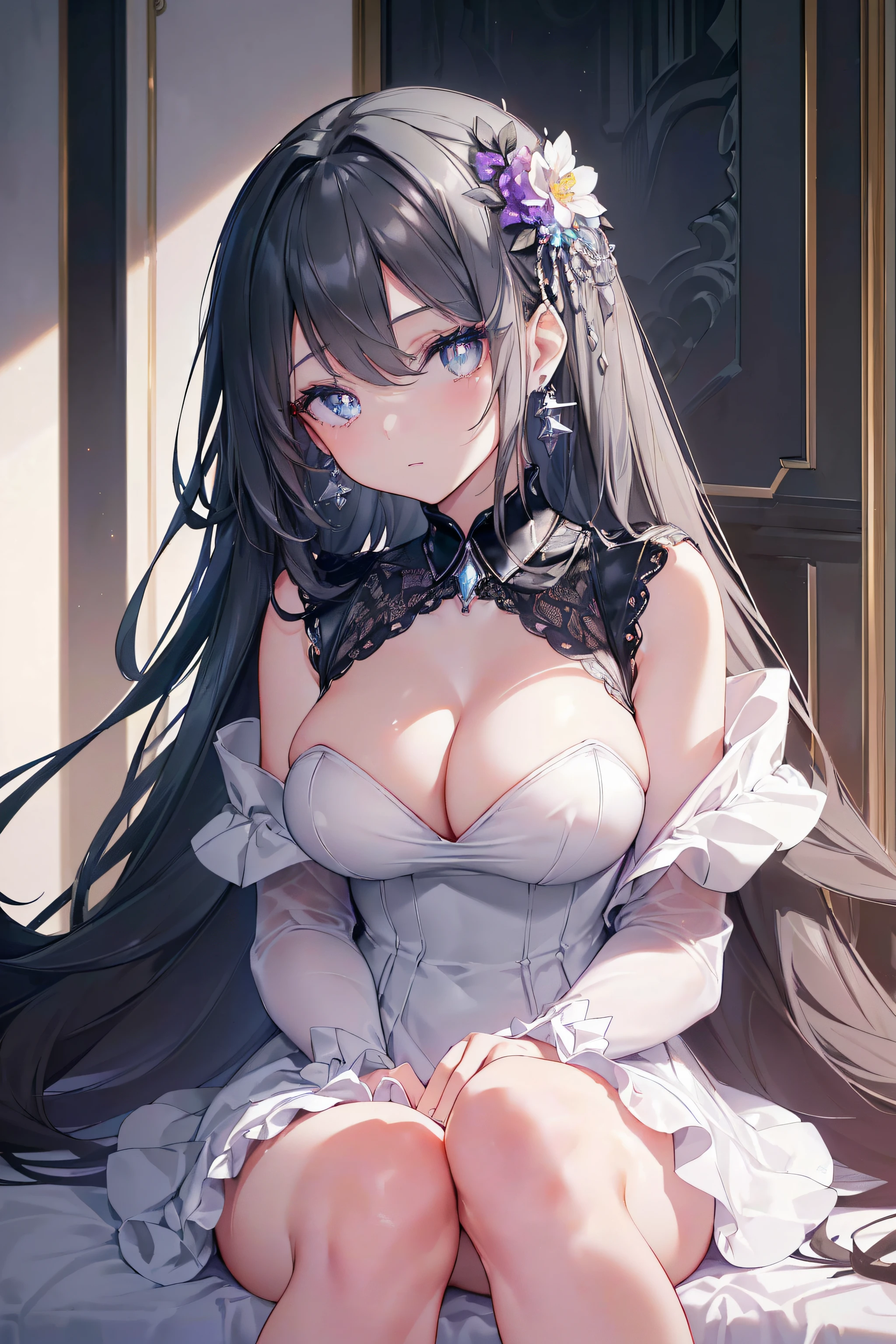 {((Anime, sur l’art, profondeur de champ, Flou de mouvement, Lumière rougeoyante, UHD, rétine, Chef-dœudansre, ccurate, anatomiquement correct, peau texturée, Super détail, high détails, de la haute qualité, Primé, meilleur qualité, Haute résolution, 16k))} . | {((couleur élégante : Cheveux longs noirs, Yeux détaillés, Pupilles étincelantes, couleur des yeux : gris, l'âge des étudiants est celui des filles, E-brest, clivage))} . | {((corps sexy, robe sexy pour une fête, épingle à cheveux fleur, pierres précieuses boucles d'oreilles bijou détaillé collier en cuir))} . | {((jeune dame d'une maison noble, dans une calèche, dormir à l'intérieur))} . | {((Grand angle, sein conscient, Haut du corps, (Parfait_doigts:1.0), (Parfait_jambes:1.0), mieux_mains, plus_détail))}
