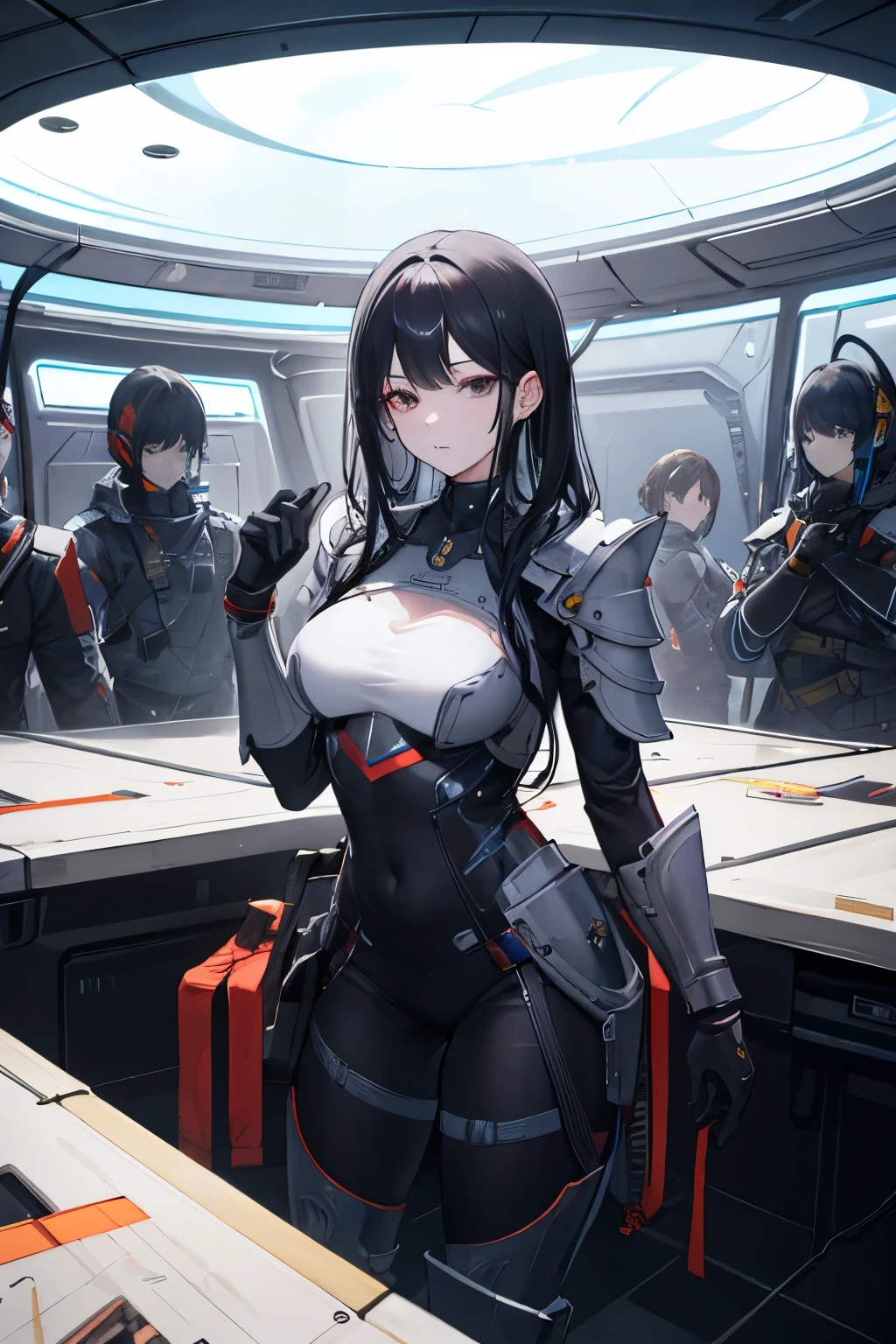 ((best quality)), ((masterpiece)), (detailed), perfect face, female with sexy V-Cut combat armor fights with other sexy girl in combat armor, battlecruiser, space, planets, sun, gas giants,