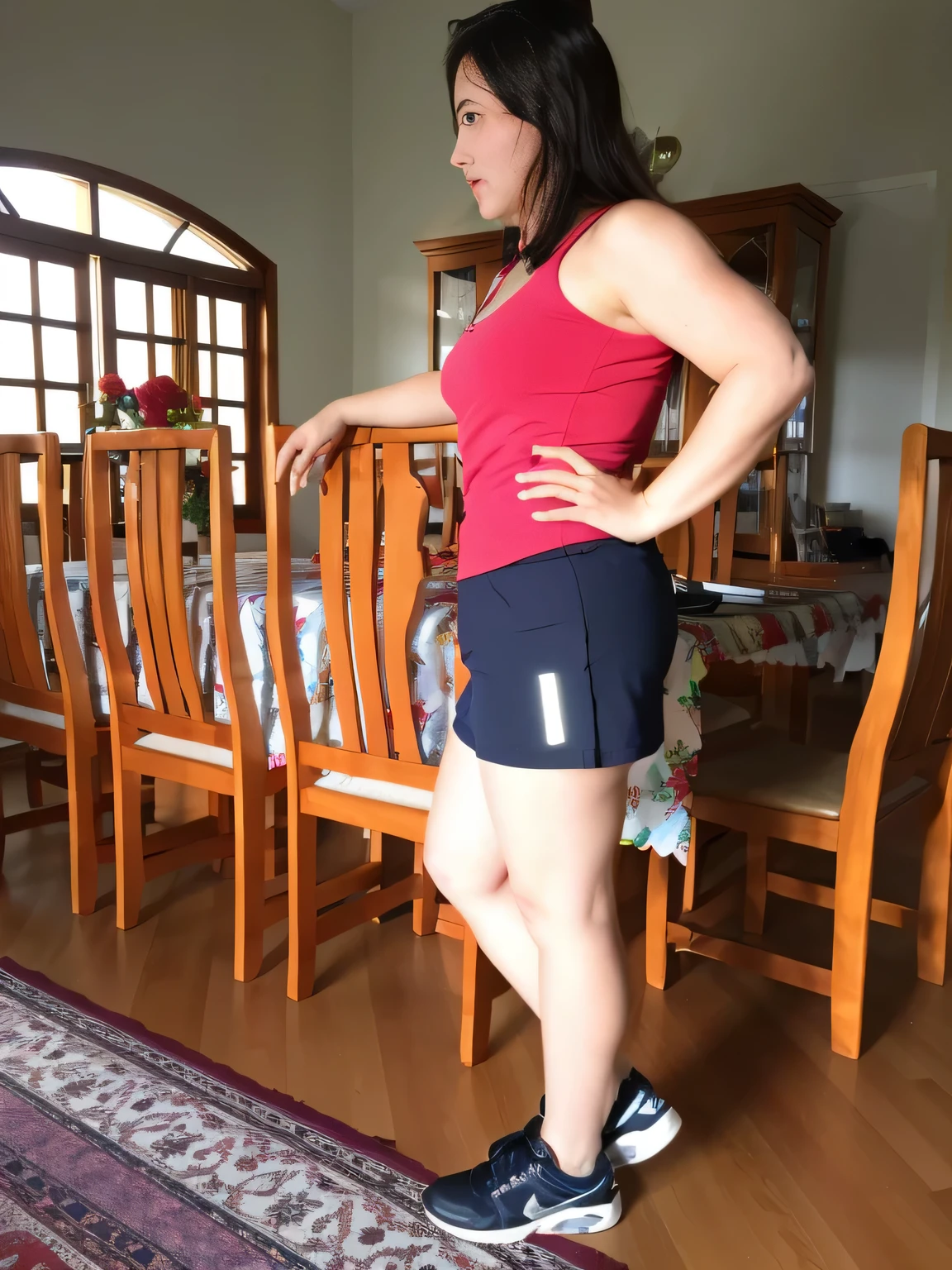 There is a woman standing in a room with a table and chairs, pose lateral, sport bra and dark blue shorts, de bermuda, tiro lateral, vestido com um top e shorts, foto fit, usando uma regata e saia, foto da roupa, vestindo shorts vermelhos, retrato lateral, Pose completa, em uma saia brilhante, vestindo camisola e shorts