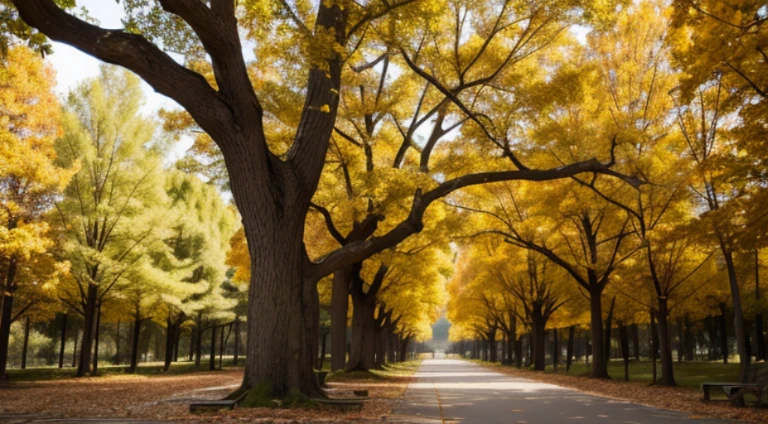Ancient tall ginkgo forest,Very strong sense of perspective,Don't have characters,Autumn view