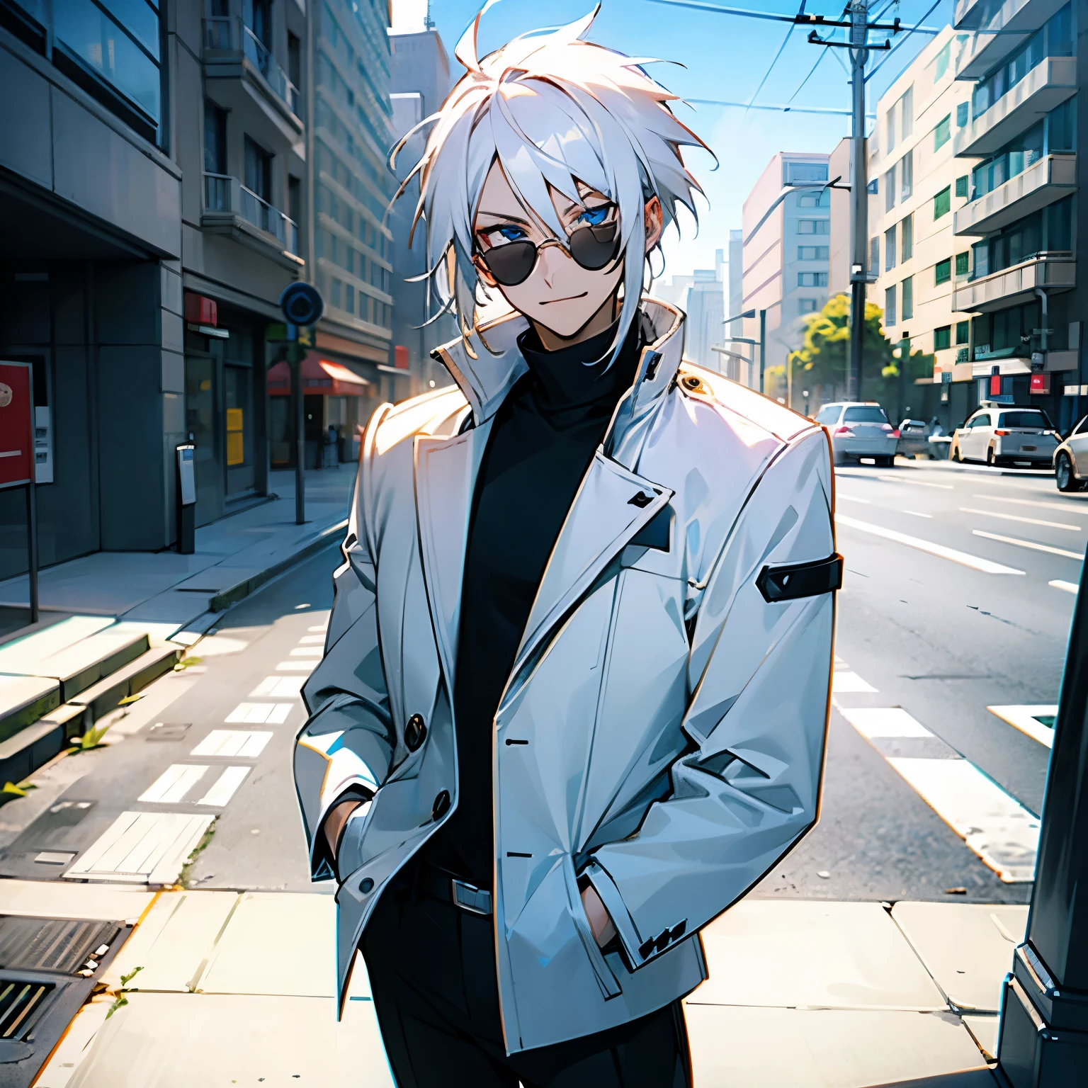 White Turtleneck , Messy Spiky White Hair , Blue Eyes , Standing on sidewalk , Confident Smirk , Sun Glasses