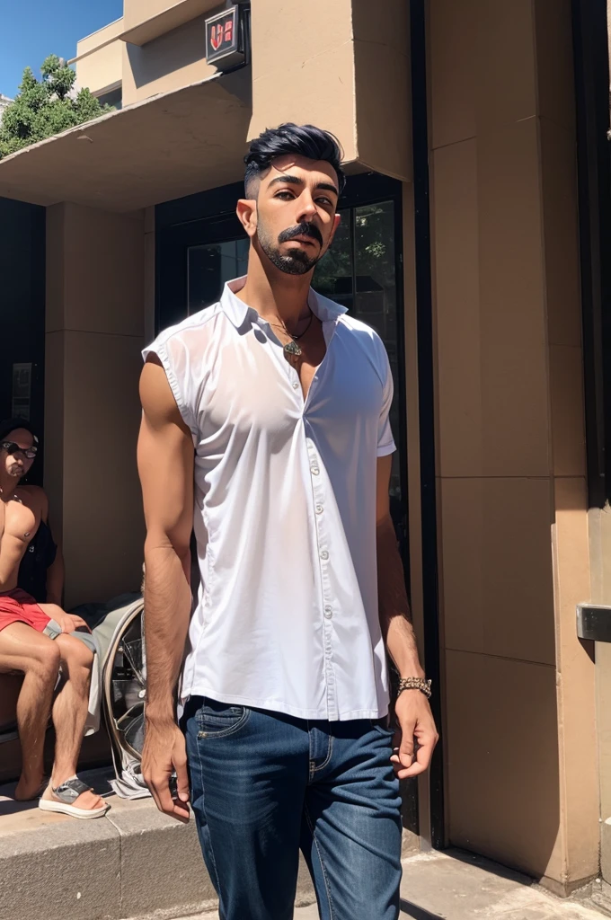 A man 42yo with atletic body walking on street, very shiny body, wearing white sportive short, 2d drawn style, large lips, Wide shoulders , too much light particles , naughty smile, tight esportive uniform, Black wavy hair fade , bent side large bulge , muscular hairy chest, standed, staring at camera, long legs.