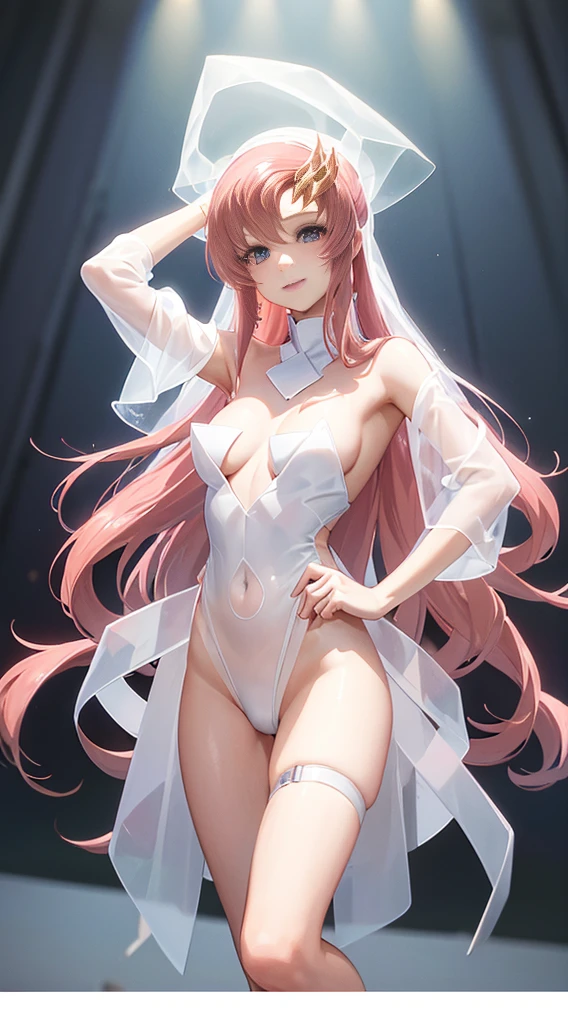 (((masterpiece))), perfect lighting, official art, Lacus Clyne, 1girl, pink long hair, hair ornament, slender body, smile, blush, (((white transparent dress, not wearing underwear))), (((provocative pose))), focus on people,