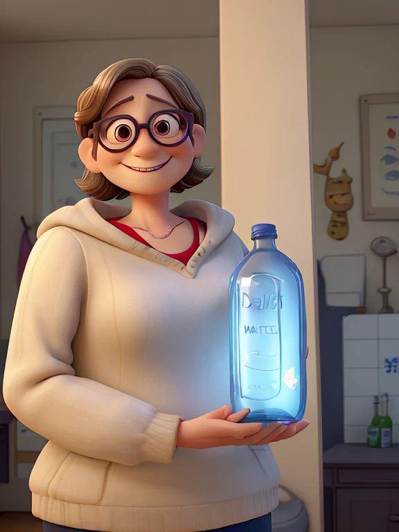 middle aged woman, glasses, short hair, less wrinkles, longer hair, smiling with teeth, better hands, hands holding the bottle, pixar movie