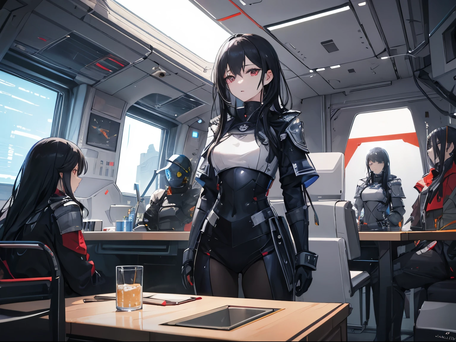 ((best quality)), ((masterpiece)), (detailed), perfect face, female with sexy V-Cut combat armor fights with other sexy girl in combat armor, battlecruiser, space, planets, sun, gas giants,