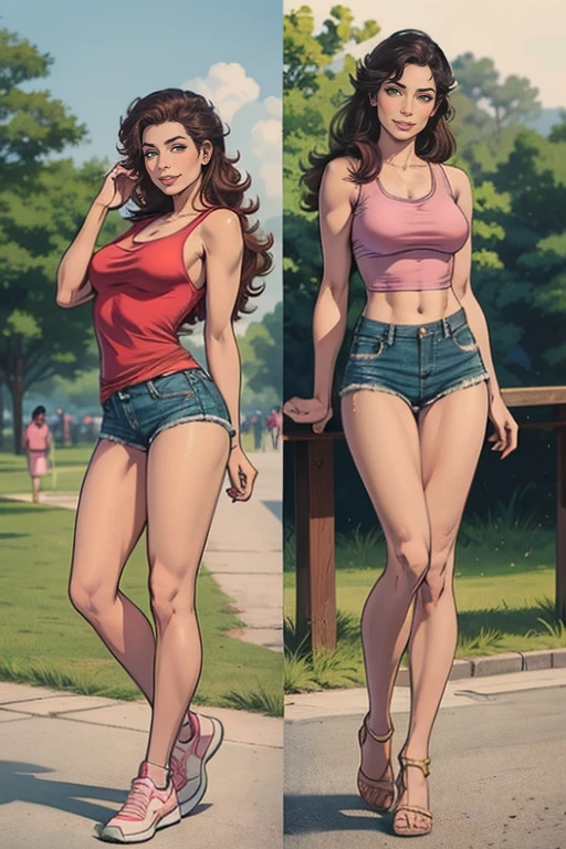 Asian woman with long brown hair and pink tank top, beautiful young Korean woman with fair skin showing her whole body, with long hair, Asian beautiful face, young Asian girl, wearing shorts, full body in the park