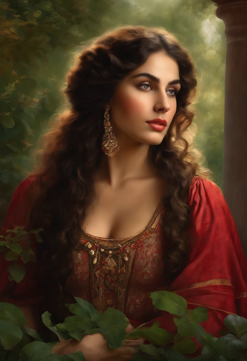 Best quality, masterpiece, ultra high resolution, baroque painting of a gypsy woman with a very beautiful round face, delicate, slightly plump and perfect lips, ((gypsy of rare beauty, goddess of perfection, the most beautiful woman in the world)) , long cascading black hair, green eyes, detailed eyes and face, Victorian era red dress, background Greek columns in a garden with flowers, dynamic lighting, in the dark, deep shadow, Discreet, Cowboy Full Body Shot, Era Style Victorian, a Goddess of beauty, portrait of a Goddess, In the Bowater art style, Renaissance digital painting, in digital painting style, digital fantasy portrait, elegant digital painting, portrait fantasy art, fantasy portrait, inspired by Dante Gabriel Rossetti, baroque digital painting, digital art painting, Fine Art UHD 4K, beautiful fantasy portrait