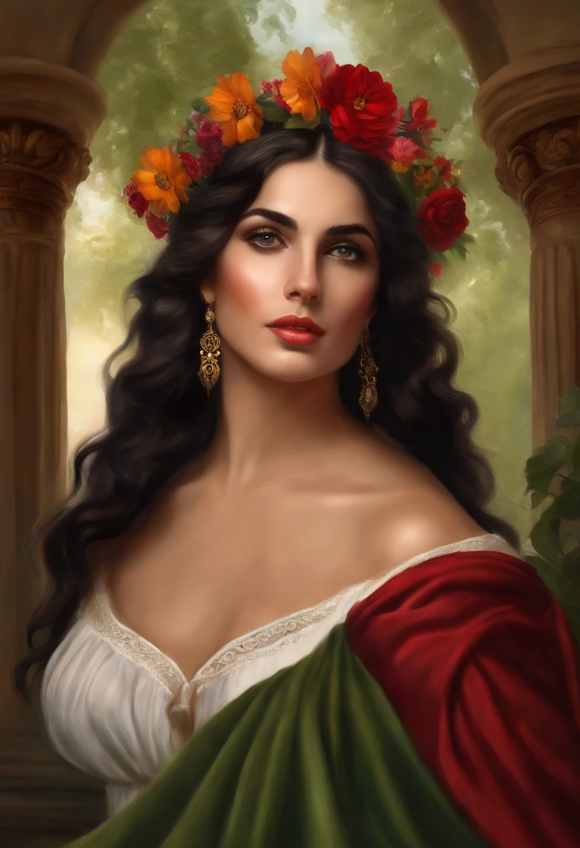 Best quality, masterpiece, ultra high resolution, baroque painting of a gypsy woman with a very beautiful round face, delicate, slightly plump and perfect lips, ((gypsy of rare beauty, goddess of perfection, the most beautiful woman in the world)) , long cascading black hair, green eyes, detailed eyes and face, Victorian era red dress, background Greek columns in a garden with flowers, dynamic lighting, in the dark, deep shadow, Discreet, Cowboy Full Body Shot, Era Style Victorian, a Goddess of beauty, portrait of a Goddess, In the Bowater art style, Renaissance digital painting, in digital painting style, digital fantasy portrait, elegant digital painting, portrait fantasy art, fantasy portrait, inspired by Dante Gabriel Rossetti, baroque digital painting, digital art painting, Fine Art UHD 4K, beautiful fantasy portrait