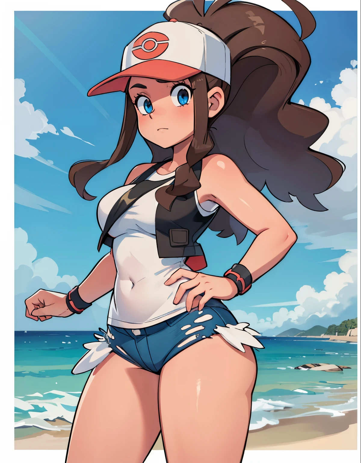 ((La mejor calidad, Altamente detallado, Obra maestra)) 4k, 1girl, pokemon hilda, def1, curvy, muslos regordetes, muslos visibles, muslos muslos, ojos detallados, sentada sobre sus piernas, en la playa, colores intensos, mirando a la camara