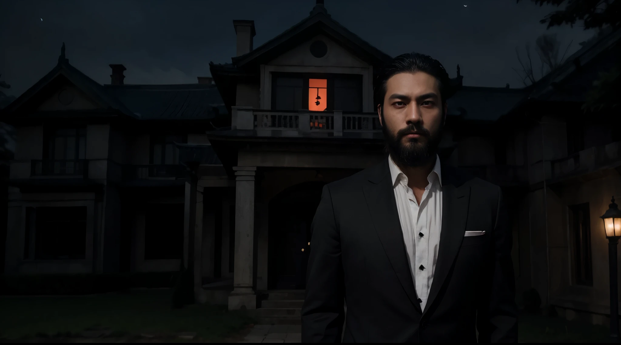 Standing in front of the old mansion, night, (Only one man on the screen), (wear black suit), (Red eyes), (Very handsome), korean, dark aura, Mysterious Moonlight, beard, tall, have gun