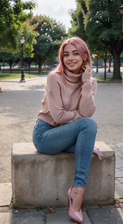 realistic portrait photo of beautiful woman with pink hair, hair roots slightly faded, spanish, influencer, light freckles, light brown eyes, no makeup, instagram, Whole body like, sitting in park, Turtleneck sweater, blue skinny jeans, black shoes with heels, face from the side and smiling