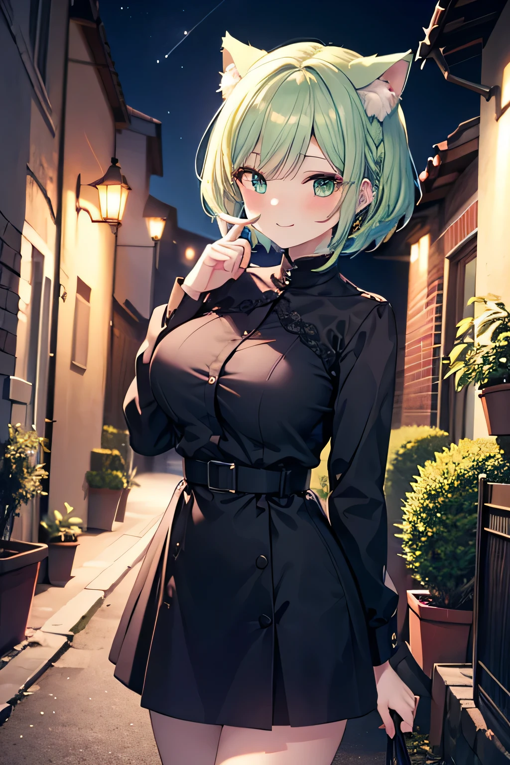 ((masutepiece)), ((Best Quality)), ((8K)), High resolution, 1girl in, Cat ears, Moon Night, backstreet, Green eye, aqua hair, a pixie cut, braid, pale skin, braided bangs, blush, fingersmile, Large breasts, black santa dress
