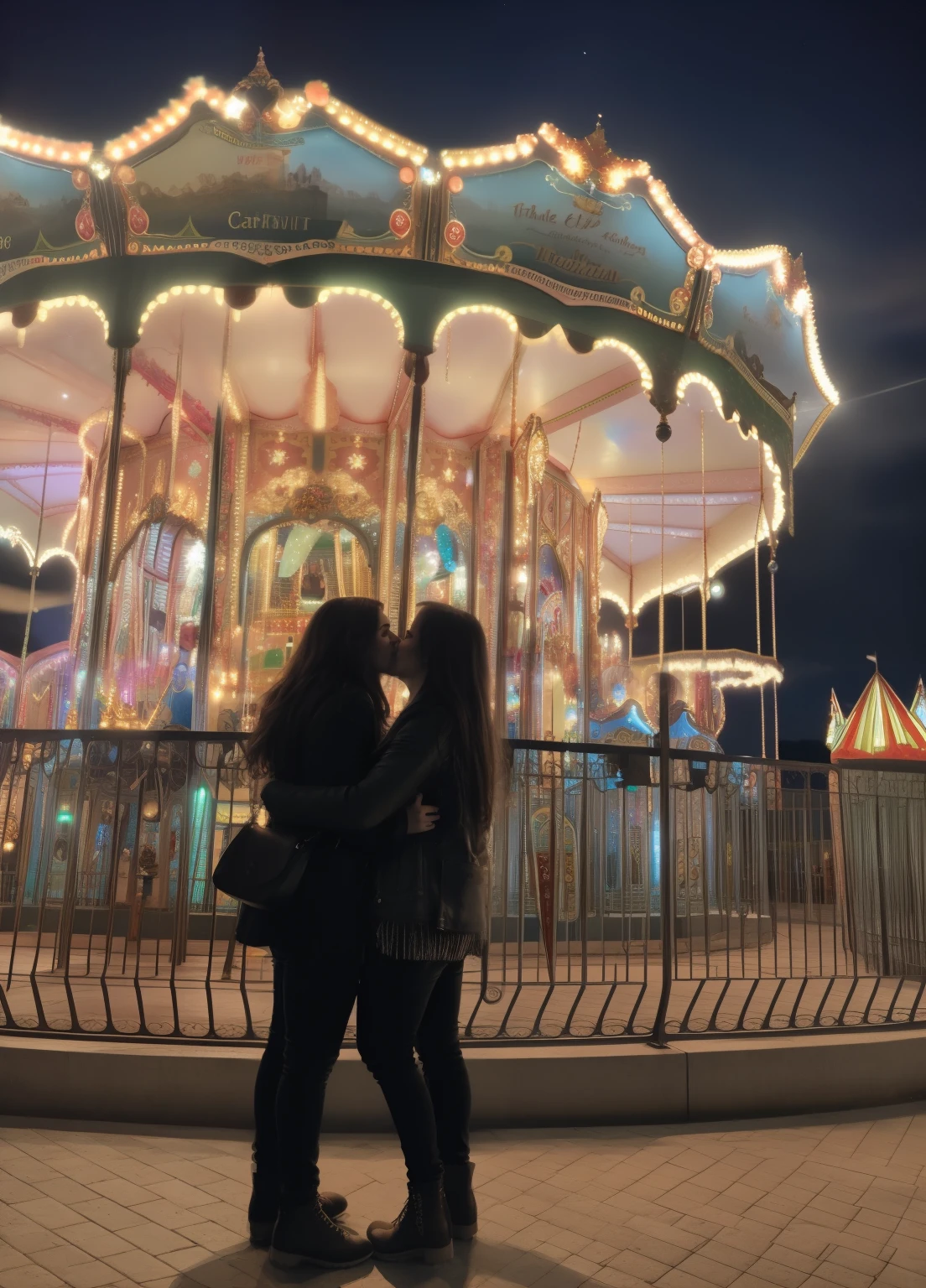 there are two people standing in front of a carrusel at night, Two women kissing at a carnival, Foto tomada por la noche, photo tomada en 2 0 2 0, Paseos, carrusel, tomada en 2 0 2 0, taken with the best dlsr camera, Vibraciones de amigos de la infancia, por la noche, Night photography, filmado en iphone 1 ro, Imagen de perfil