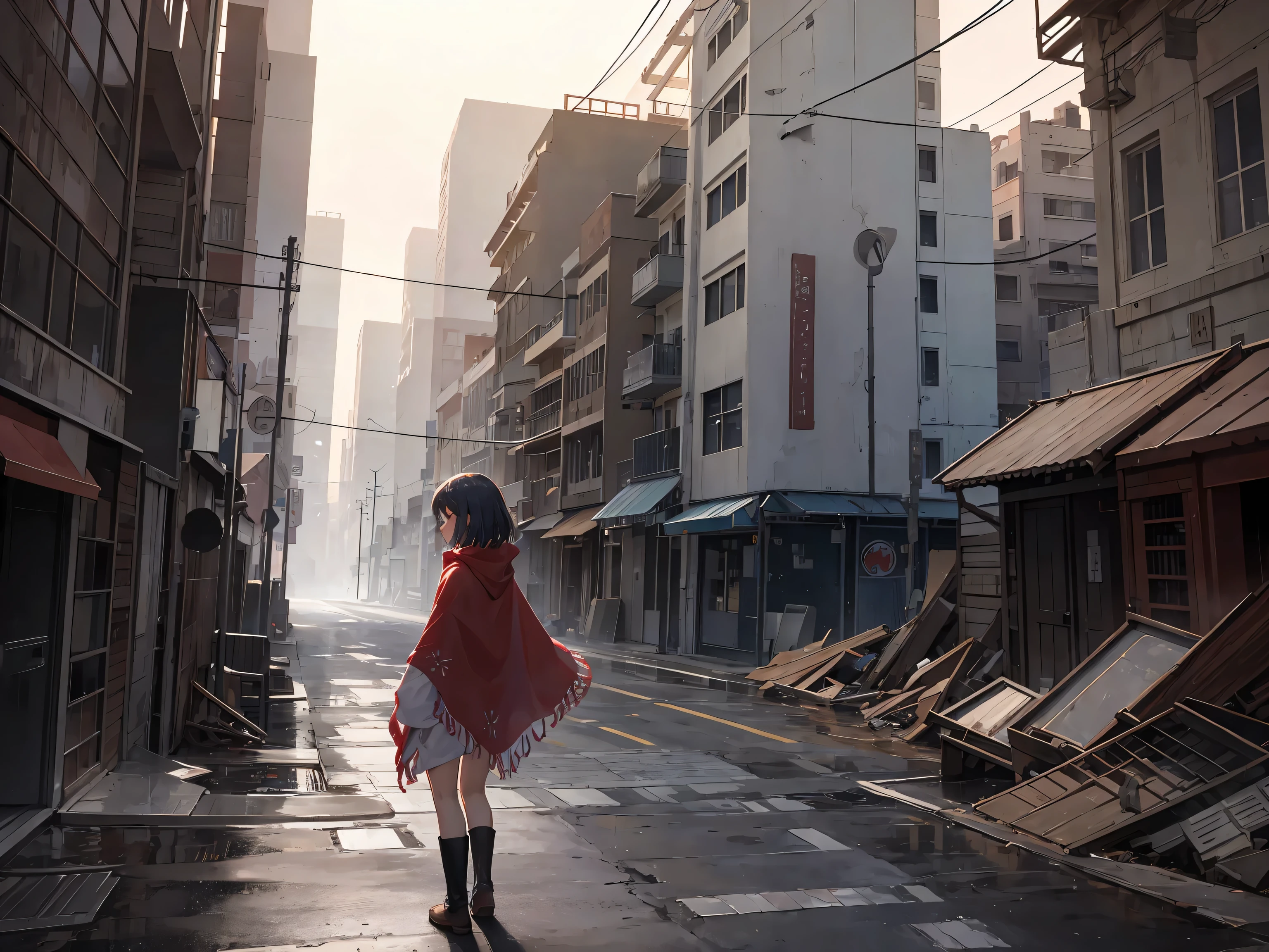 Ghost Town, foggy, 独奏, 1girl, red poncho, ruined city