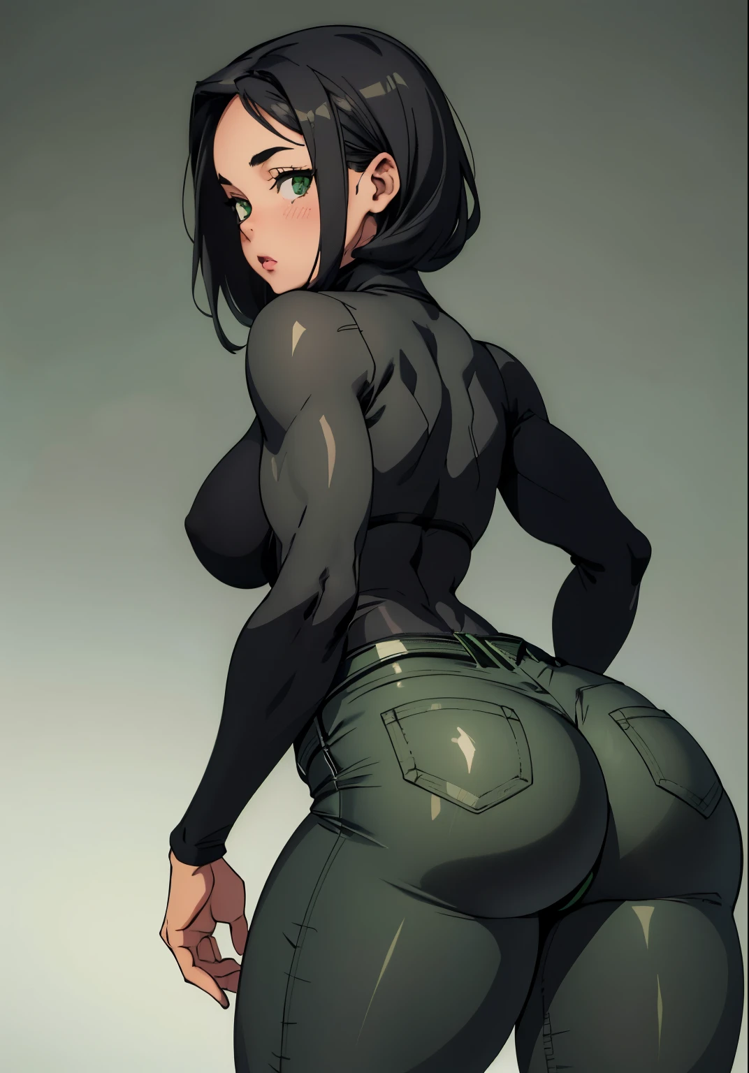 cute girl, a girl in green pants and a gray shirt , big booty, low view, thicc, black extremely tight jeans, very realistic, tight outfit, toned derriere, shapely derriere, wearing tight  clothes, wide hips