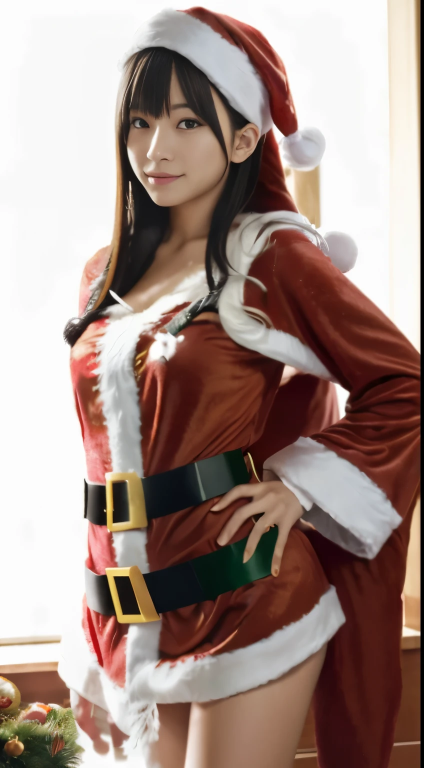 (masterpiece),(best quality:1.0),(ultra highres:1.0),closeup,1 girl,detailed beautiful,black colored hair, small eyes, sexy girl, face focus, tomboy, skinny, christmas lingerie, russian face, black hair, wallpaper 8k, (white colorful hair), beautiful woman, makeup, full body