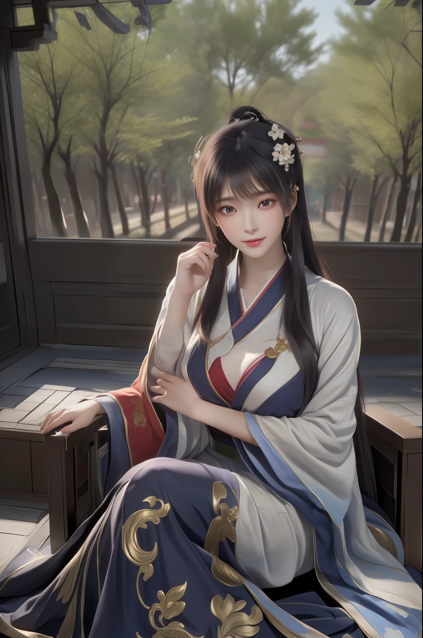 (8k, RAW Photos: 1.2), Best Quality, Illustration, Beautiful Painting, 1 sexy happy girl, Beautiful Face, Delicate Skin, Gorgeous Bun, Hair Accessories, (Hanfu:1,4), looking at viewer, ((sitting on old Chinese chair)), Chinese fan, Full Body, High Detail, Accent, Color Ink Painting, (((colorful)), lycoris, Sketch, Denoising, Dramatic, Cinematic, White background, Super High Resolution, Best Shadow, RAW, (HDR) (wallpaper) (Cinematic lighting) (sharp focuasterpiece, (Very detailed 8k wallpaper), gigantic breasts,  bamboo trees, Sakura garden, Sakura flower, (lags open facing viewer:1.5), Chinese bedroom,